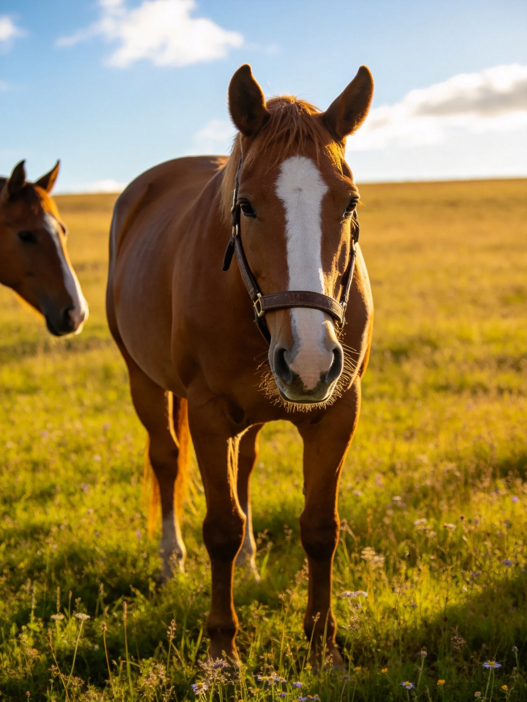 Two horses stand in a sunlit open field.