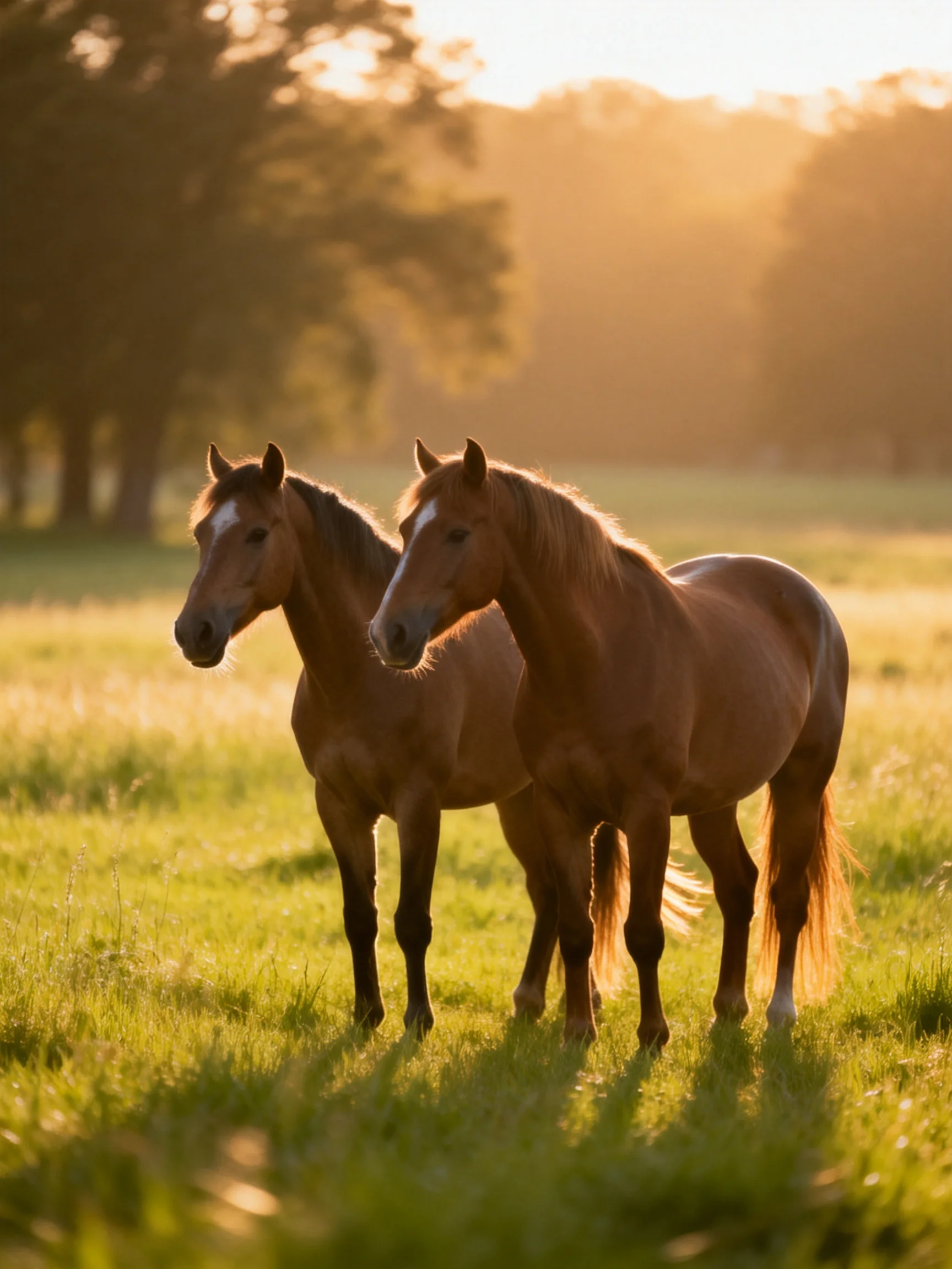 Two chestnut horses stand in a sunlit green meadow