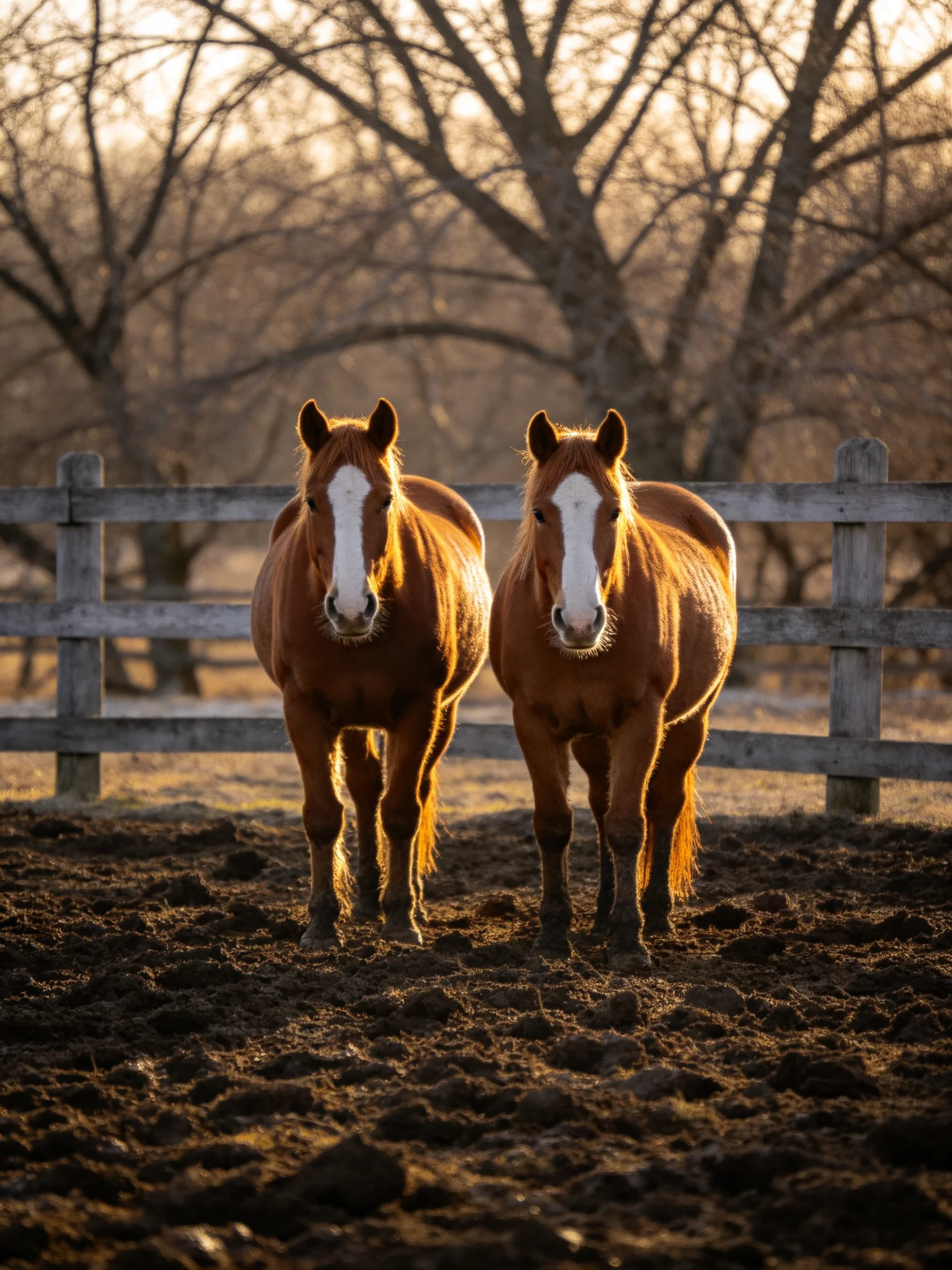 Two chestnut horses stand beside a wooden fence in a sunlit rural enclosure.