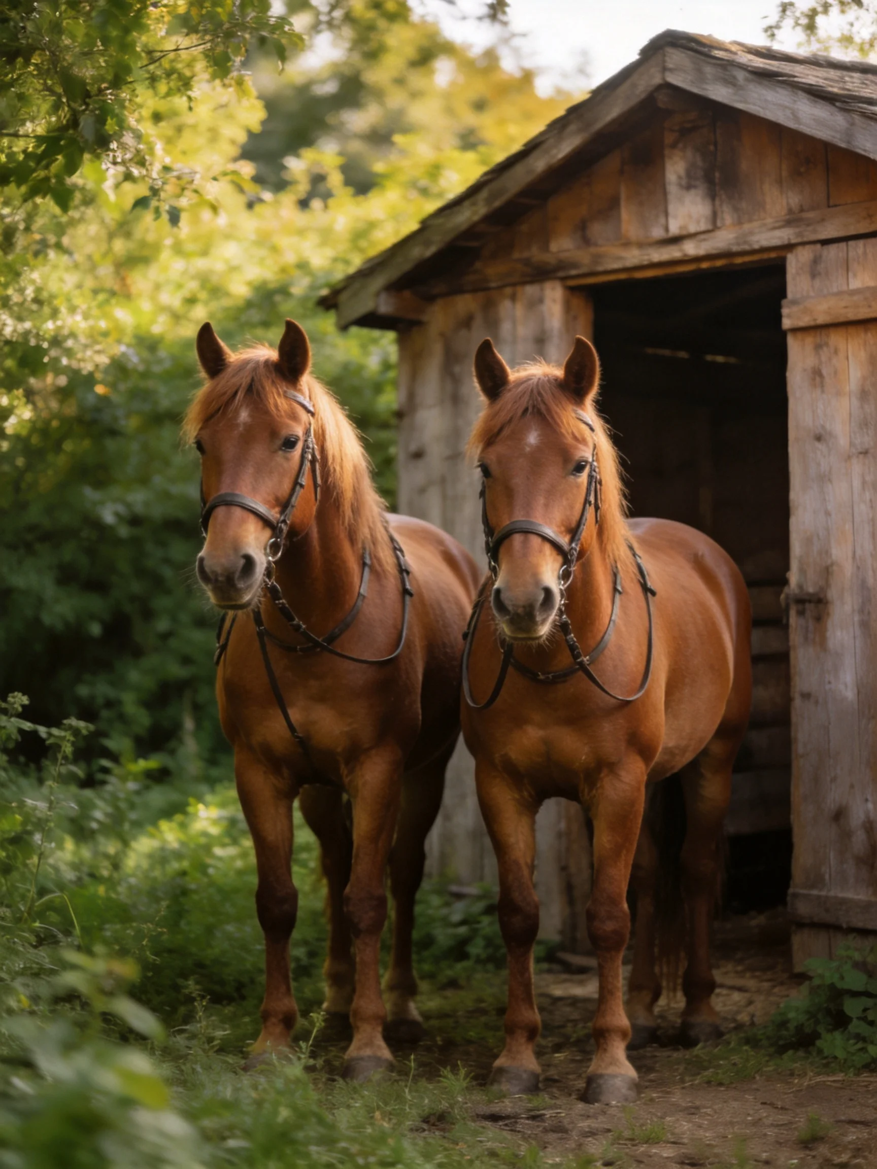 Two brown horses stand outside a rustic wooden shed in a verdant landscape.