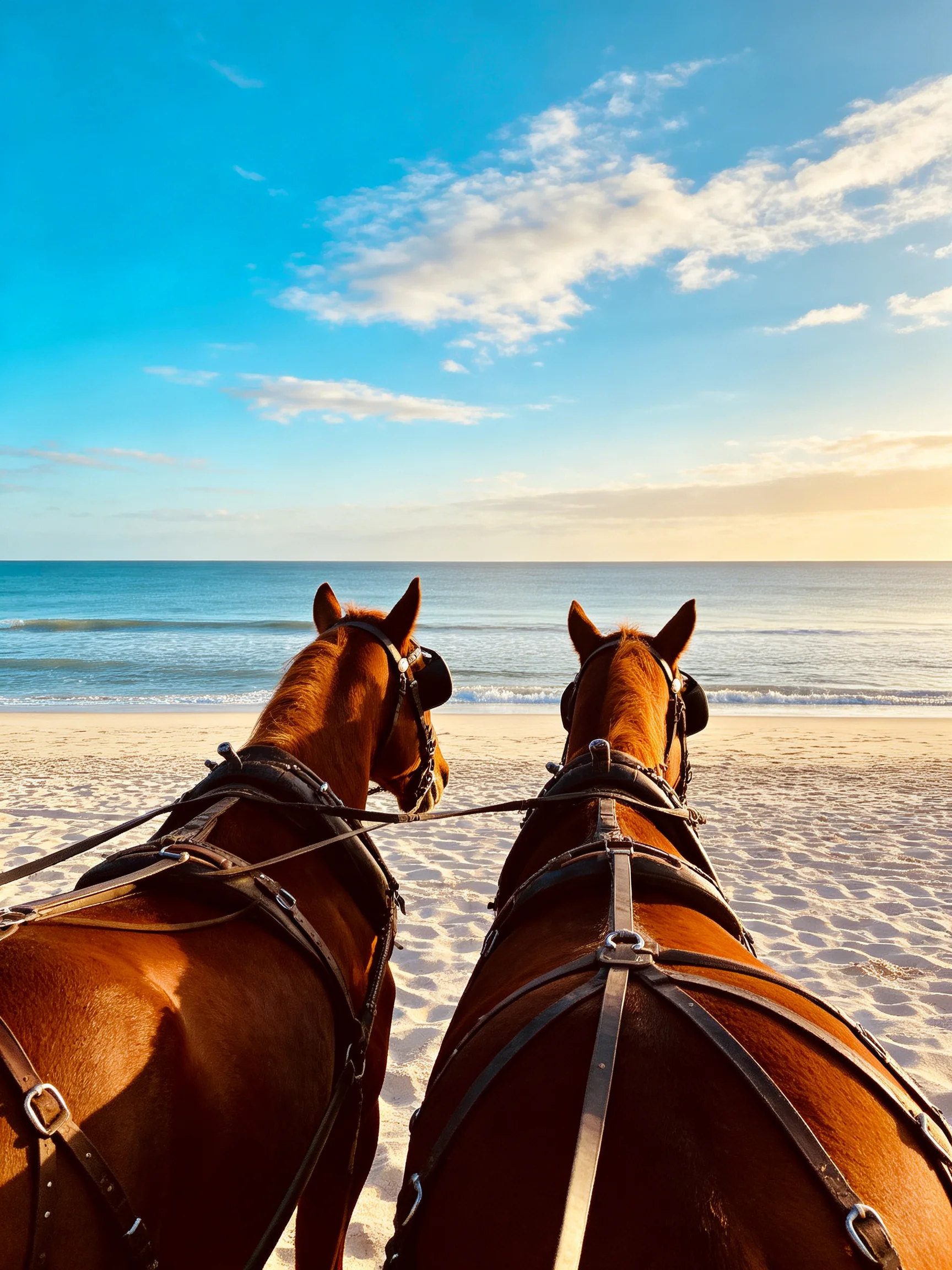 Two chestnut horses stand on a sandy beach near calm turquoise waters