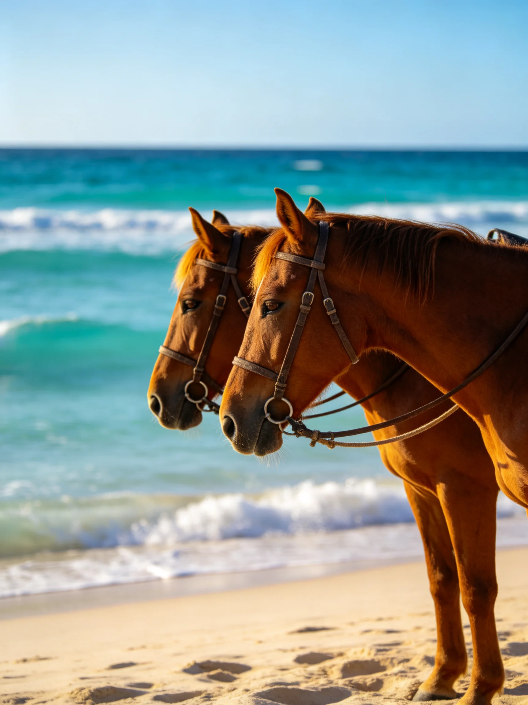 Two chestnut horses stand on a sandy beach near turquoise waves