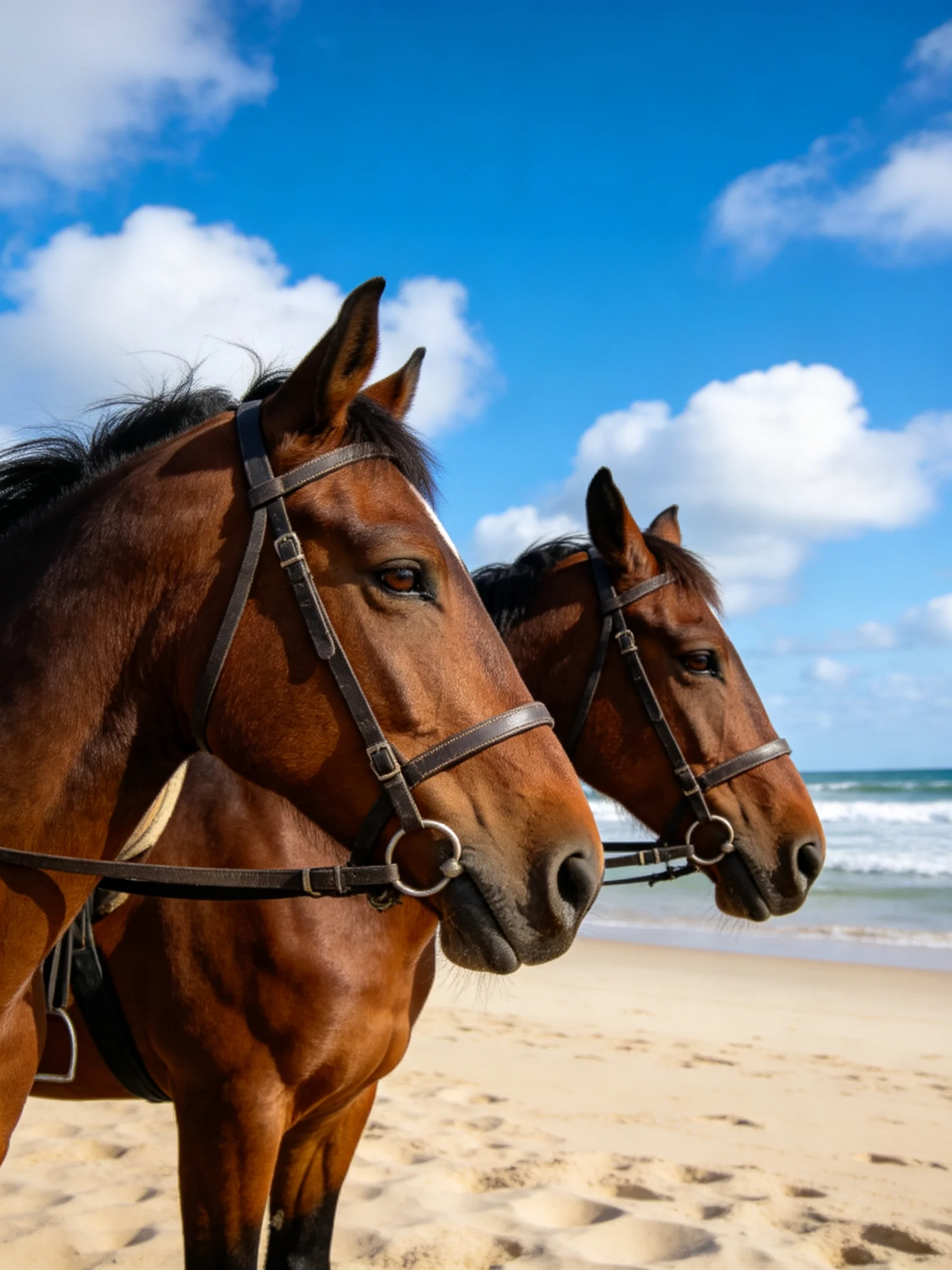 Two chestnut horses stand on a sandy beach with clear blue skies