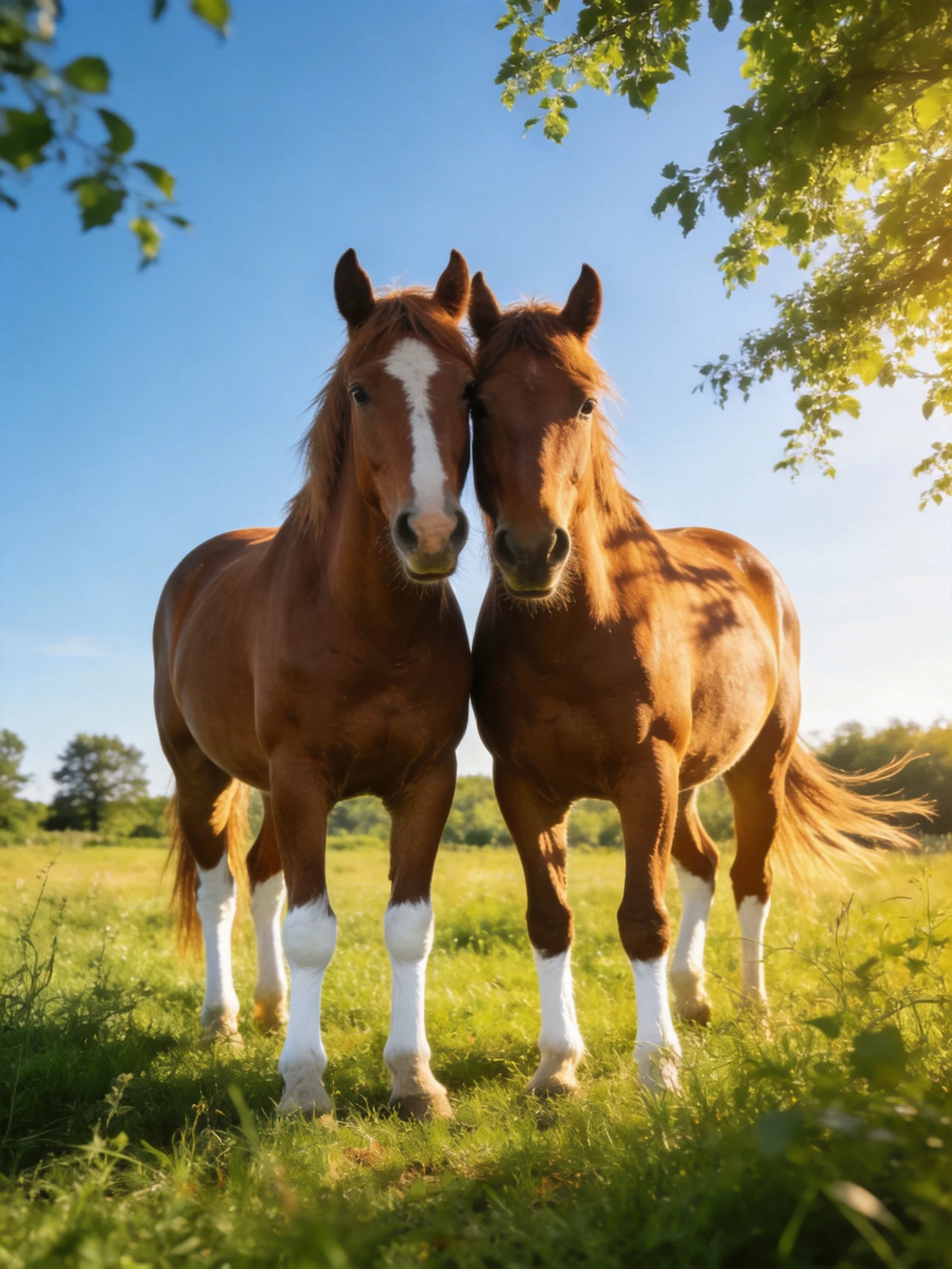 Two chestnut horses stand side by side in a sun-drenched meadow