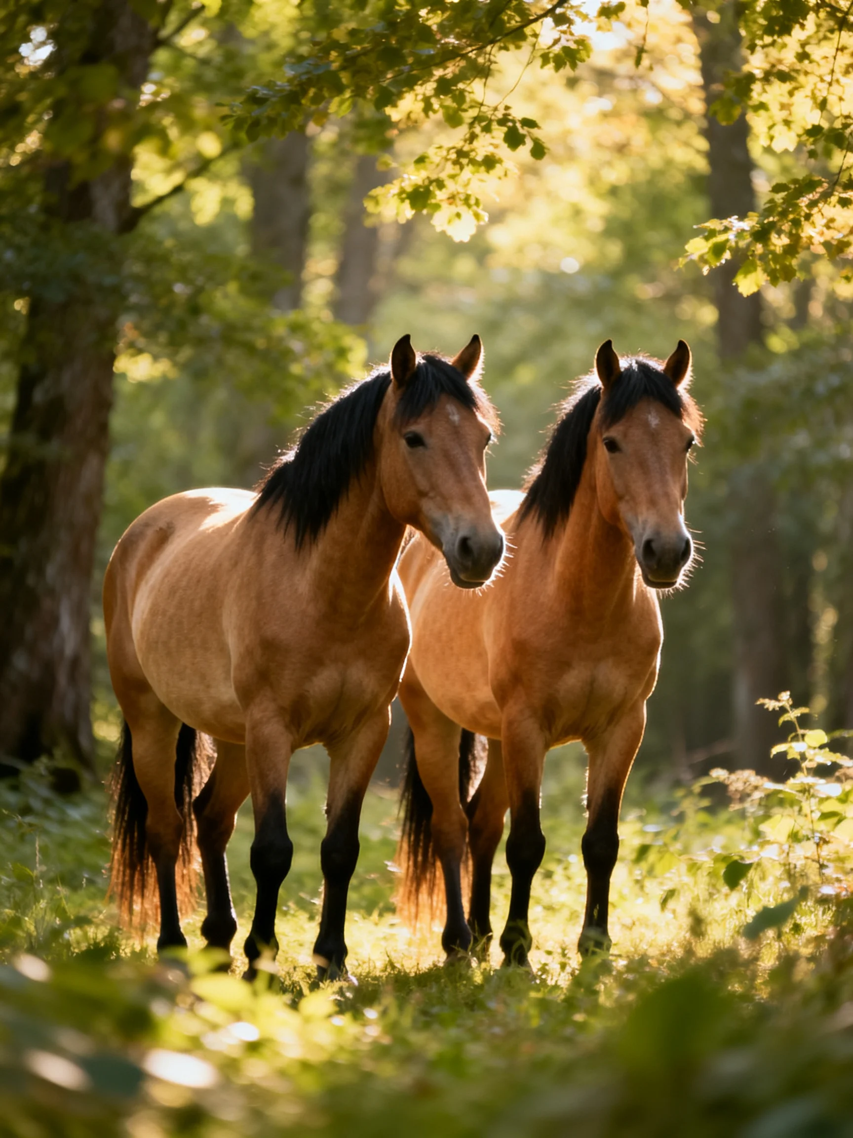 Two chestnut horses stand together in a sunlit forest clearing