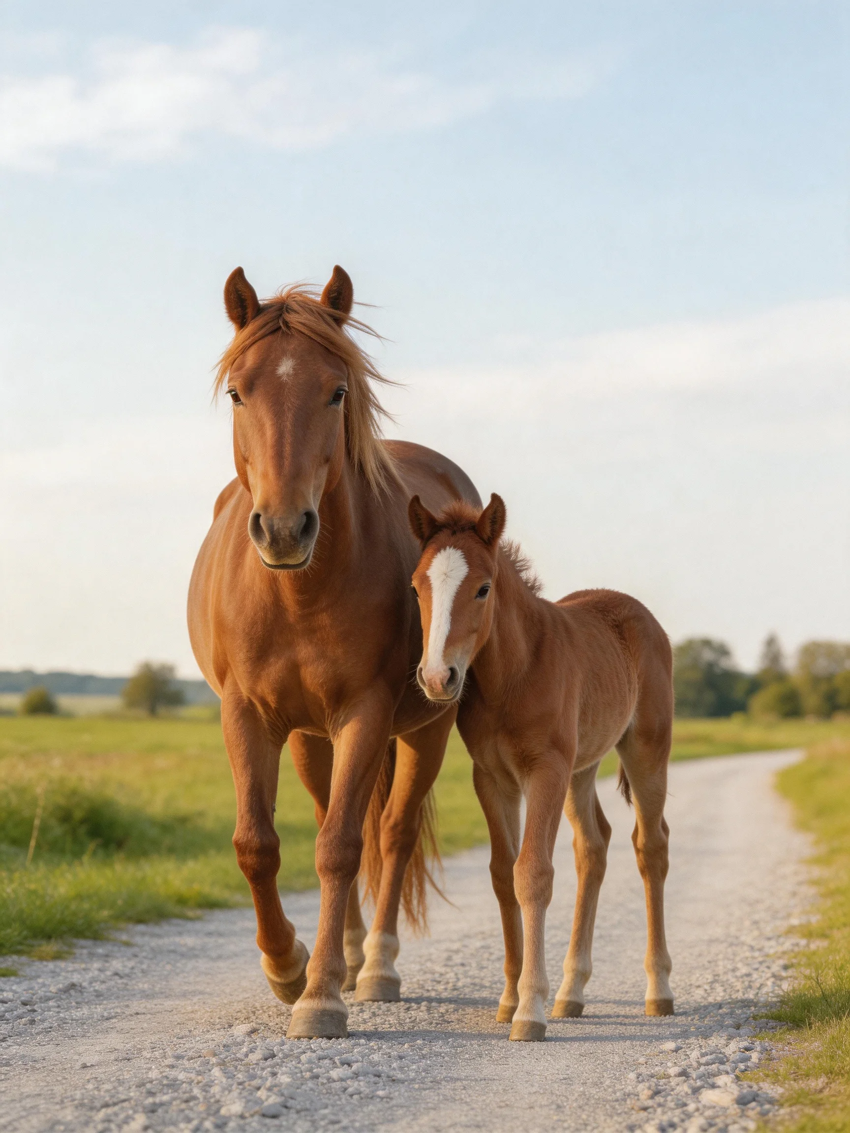 Two chestnut horses walk on a gravel path through a grassy field