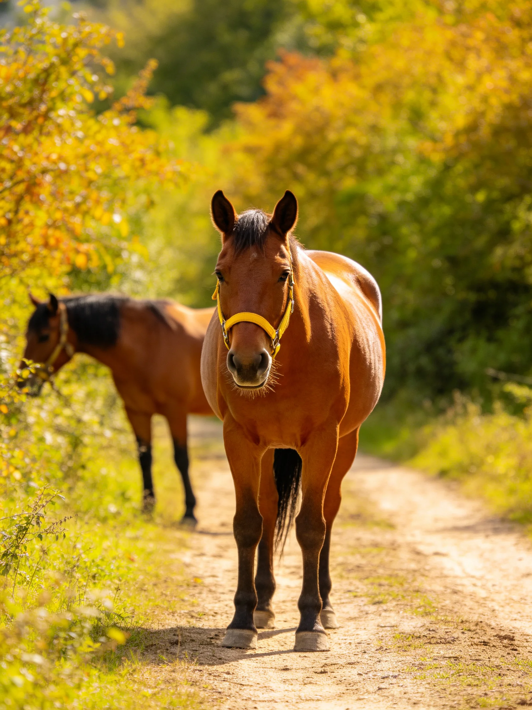 Two chestnut horses walk on a sunlit dirt path surrounded by golden-green trees.