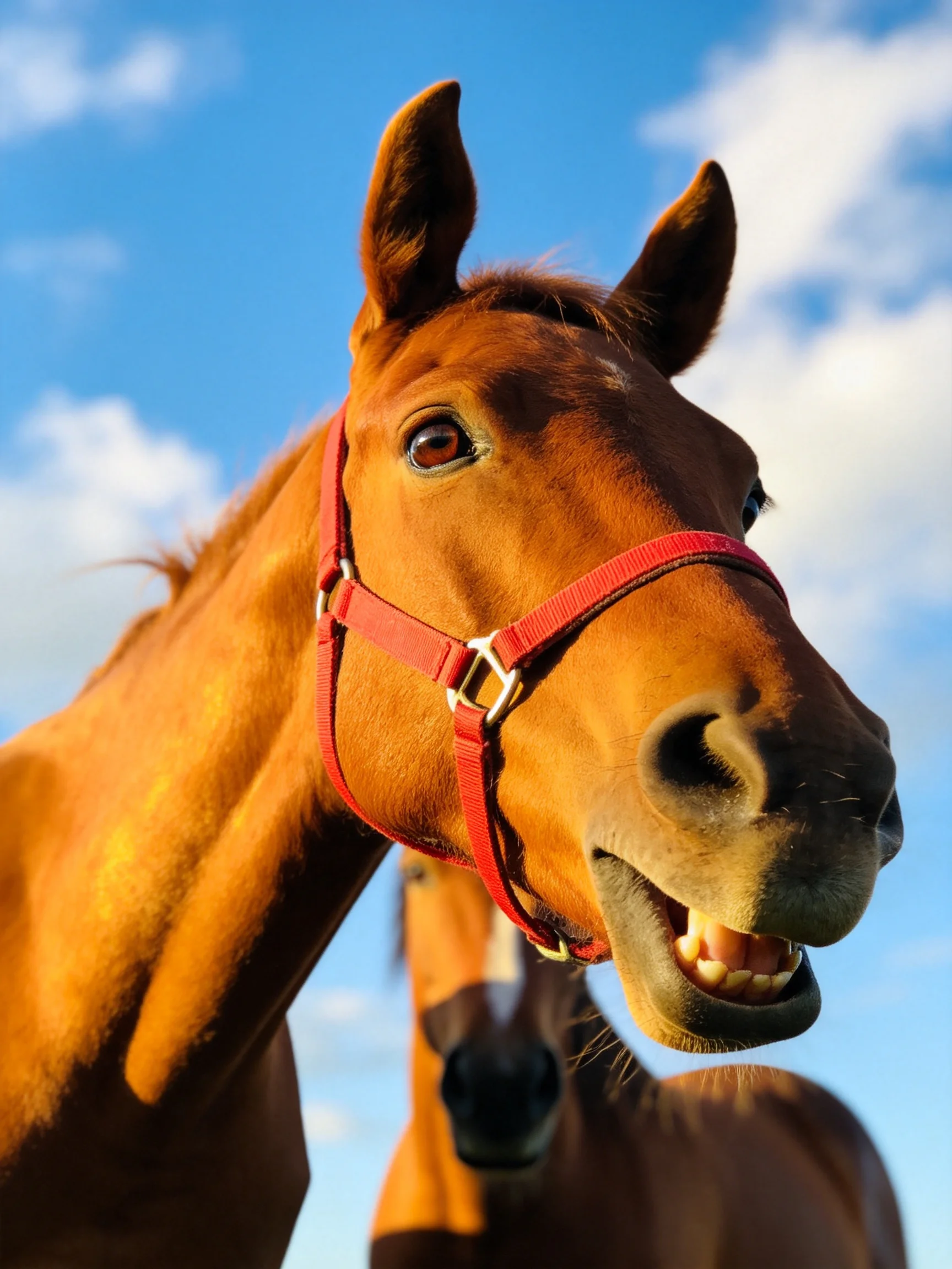 Two chestnut horses, one with a red halter, stand under a clear blue sky.