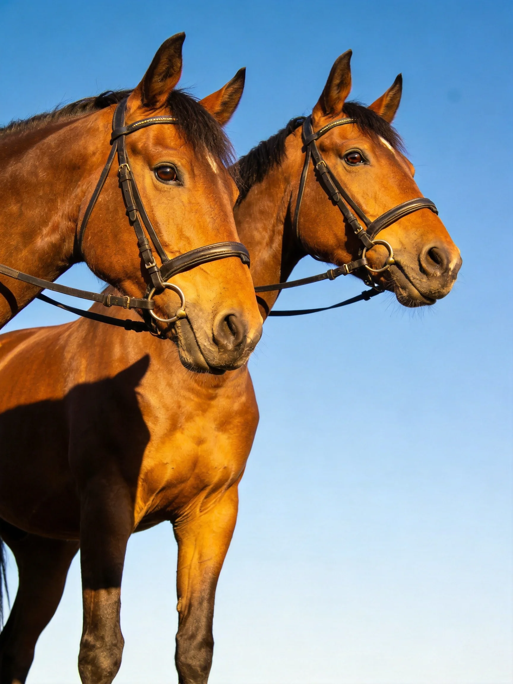 Two chestnut horses with black bridles stand under a clear blue sky