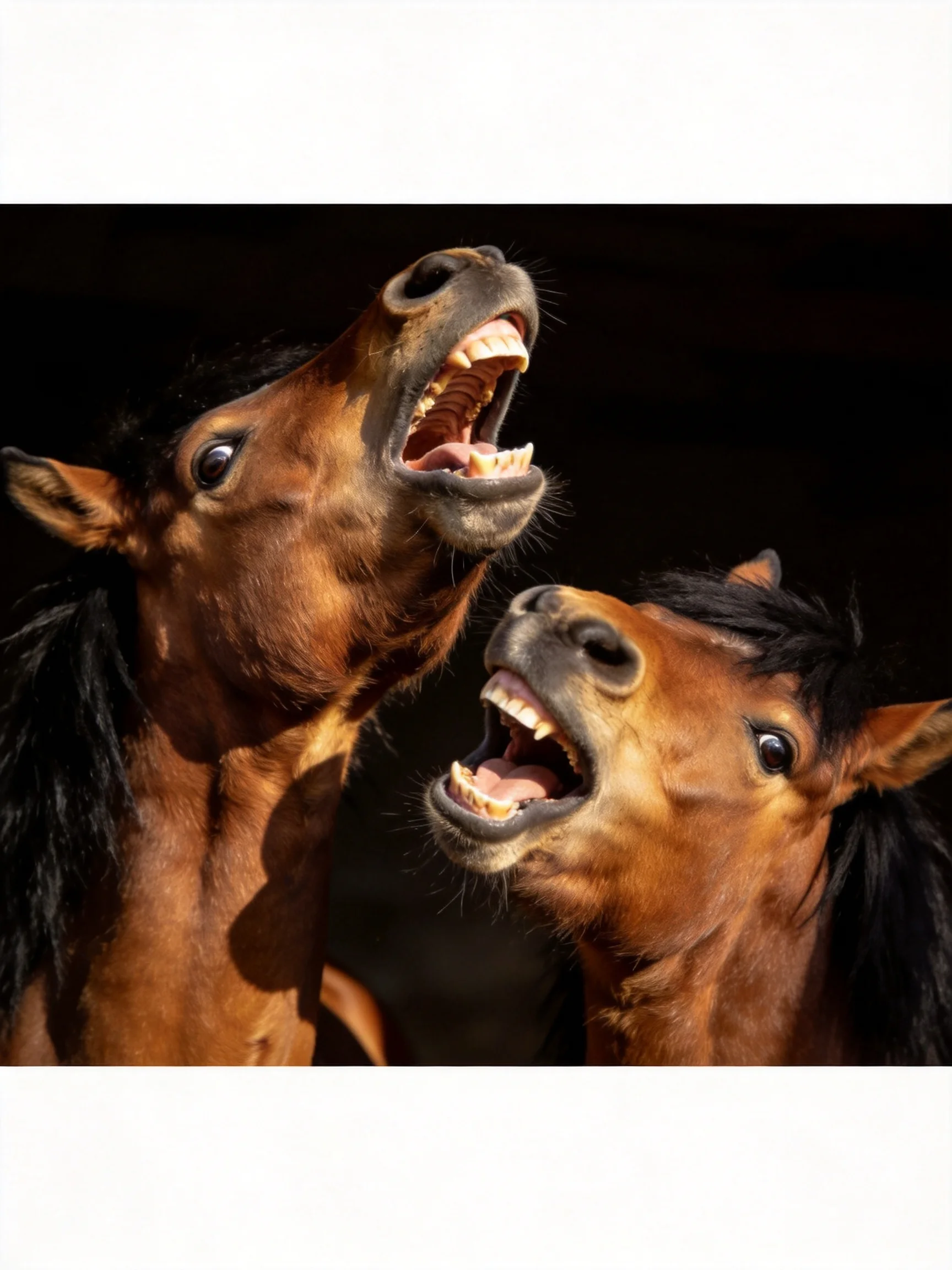 Two chestnut horses with open mouths interact near a dark area.