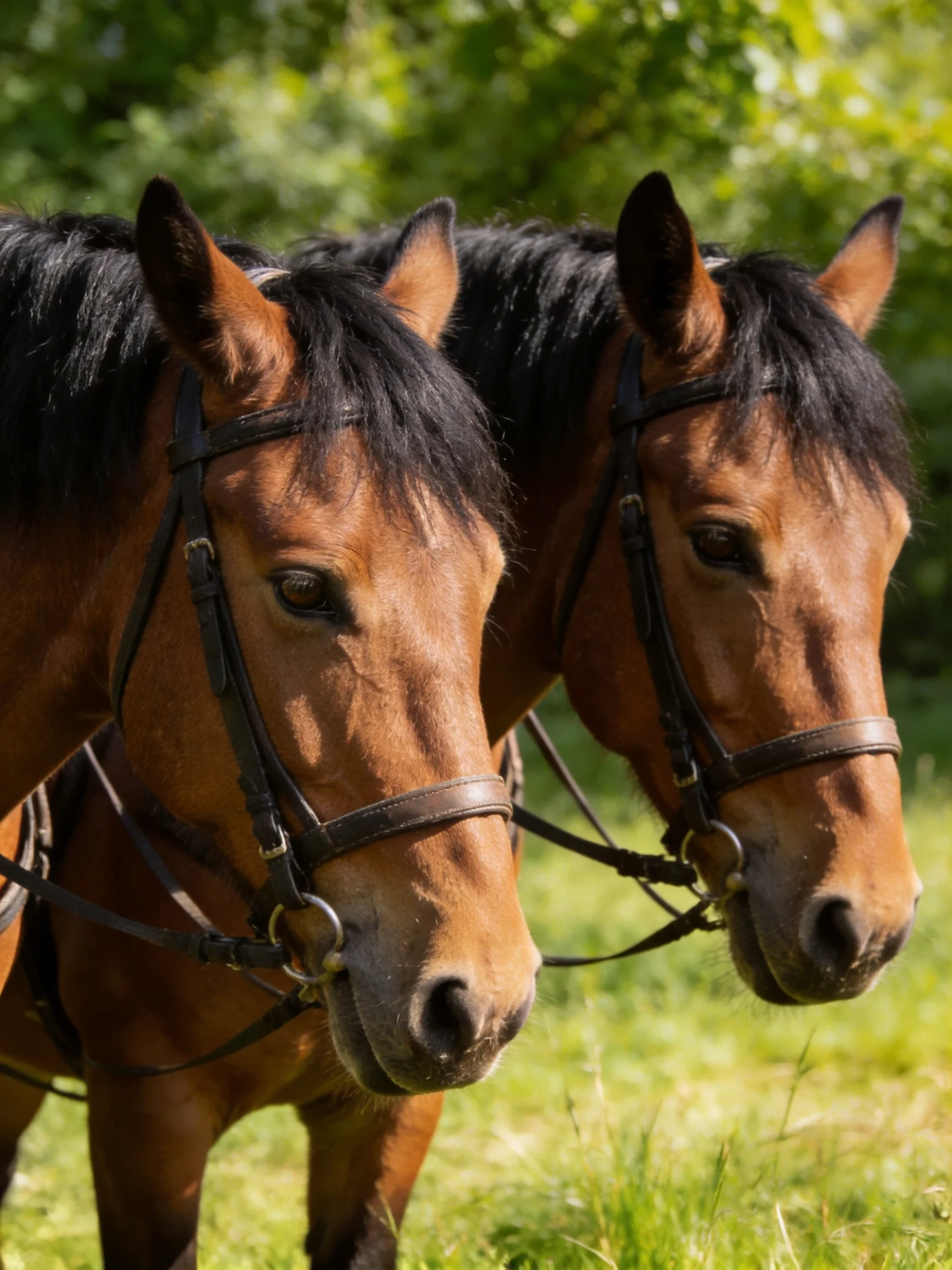 Two chestnut horses with black manes wear bridles in a sunlit meadow