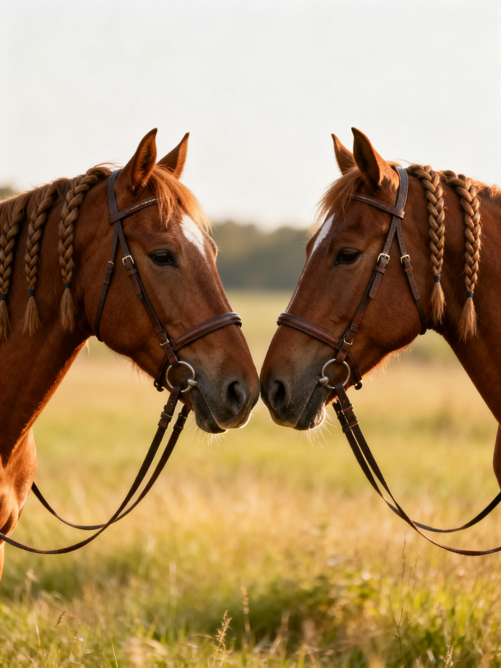Two chestnut horses with braided manes nuzzle in a sunlit meadow