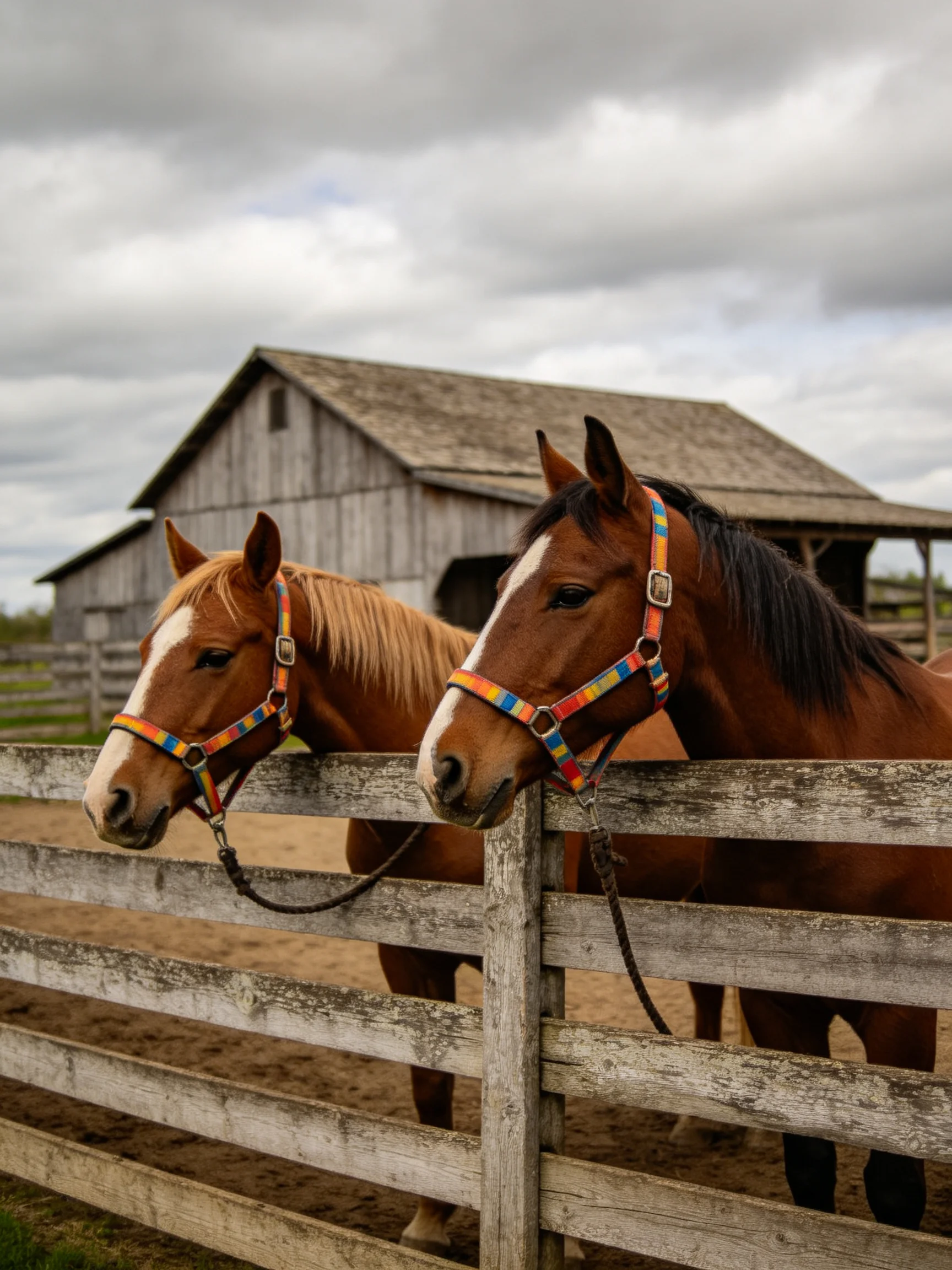 Horses with halters stand by a wooden fence near a barn.