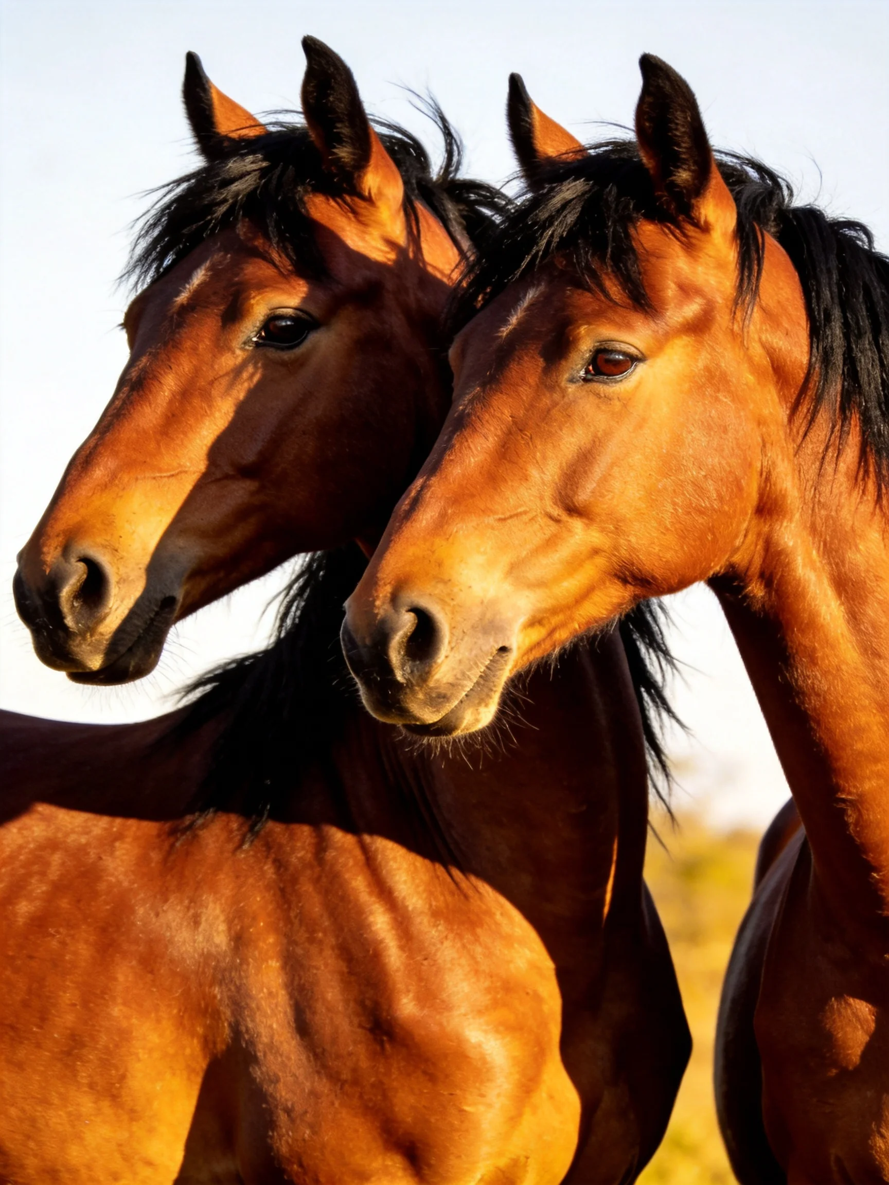 Two chestnut horses stand close together in bright daylight