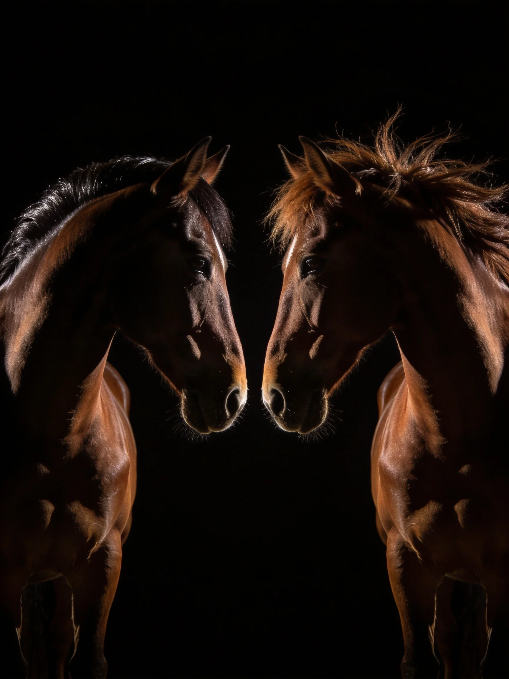 Two chestnut horses stand nose-to-nose against a black background.