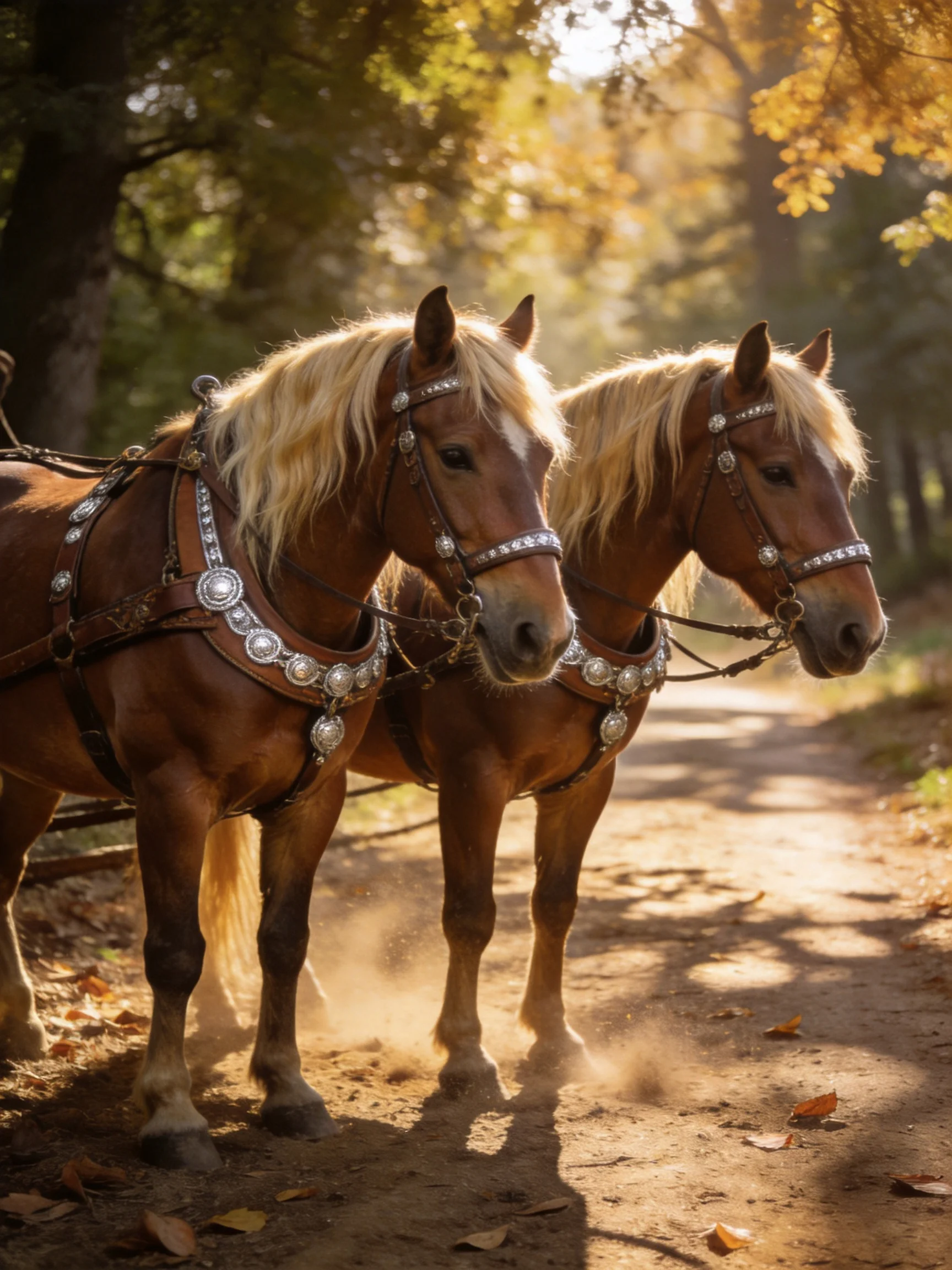 Two chestnut horses with golden manes stand together on a sunlit forest path