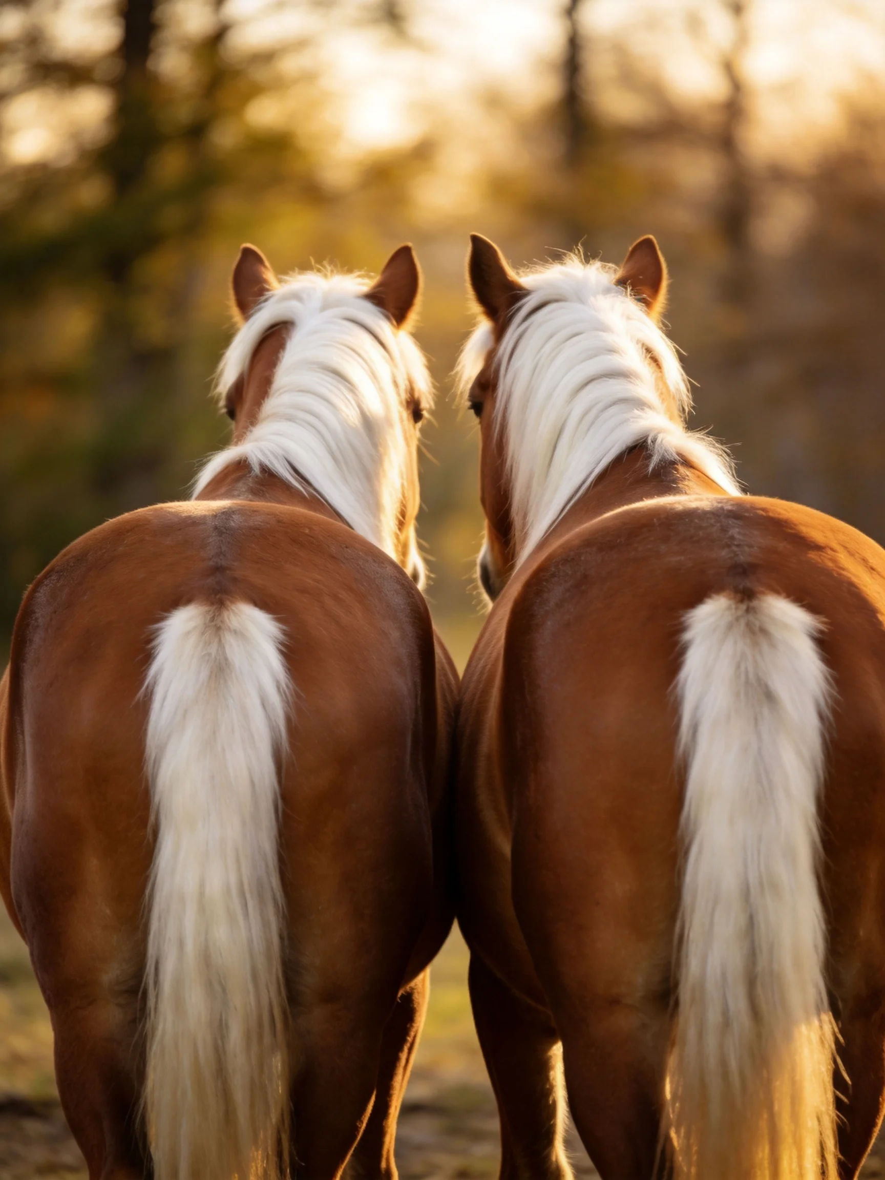 Two chestnut horses with long white manes stand side by side