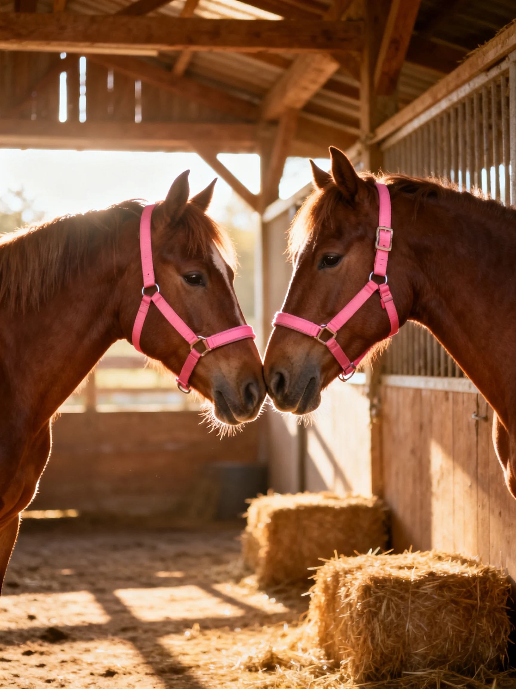Two chestnut horses with pink halters nuzzle together in a sunlit stable.