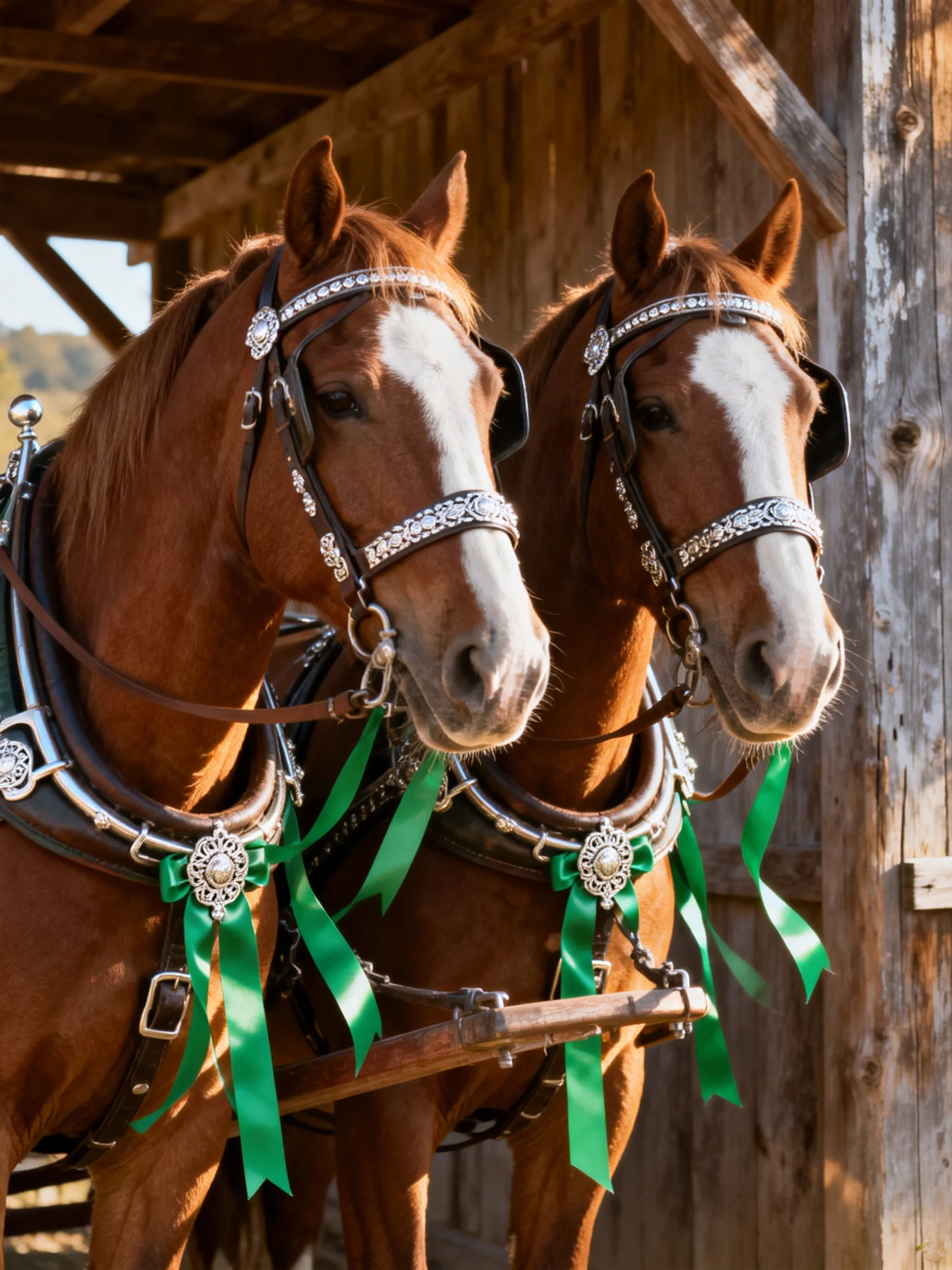 Two chestnut horses with silver bridles and green ribbons near a wooden structure