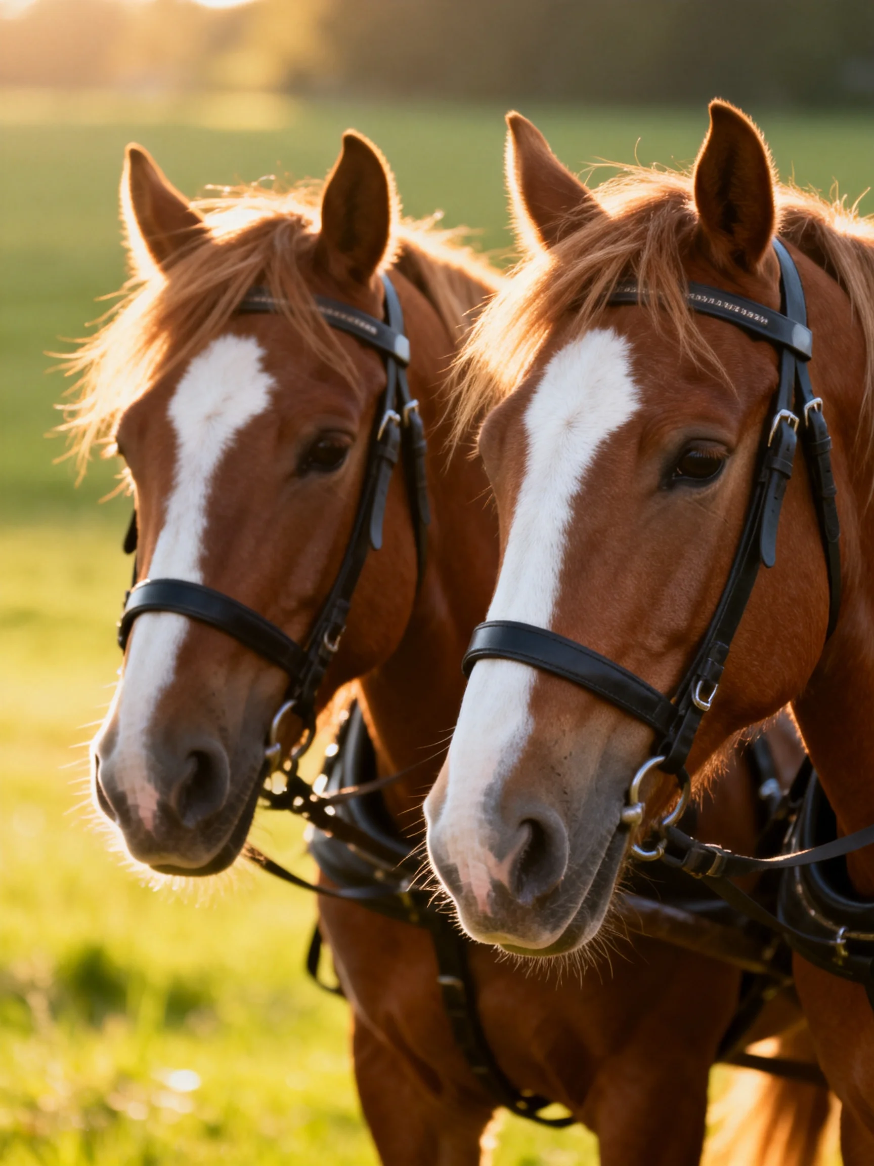 Two chestnut horses with white blazes stand side by side in a sunlit meadow.