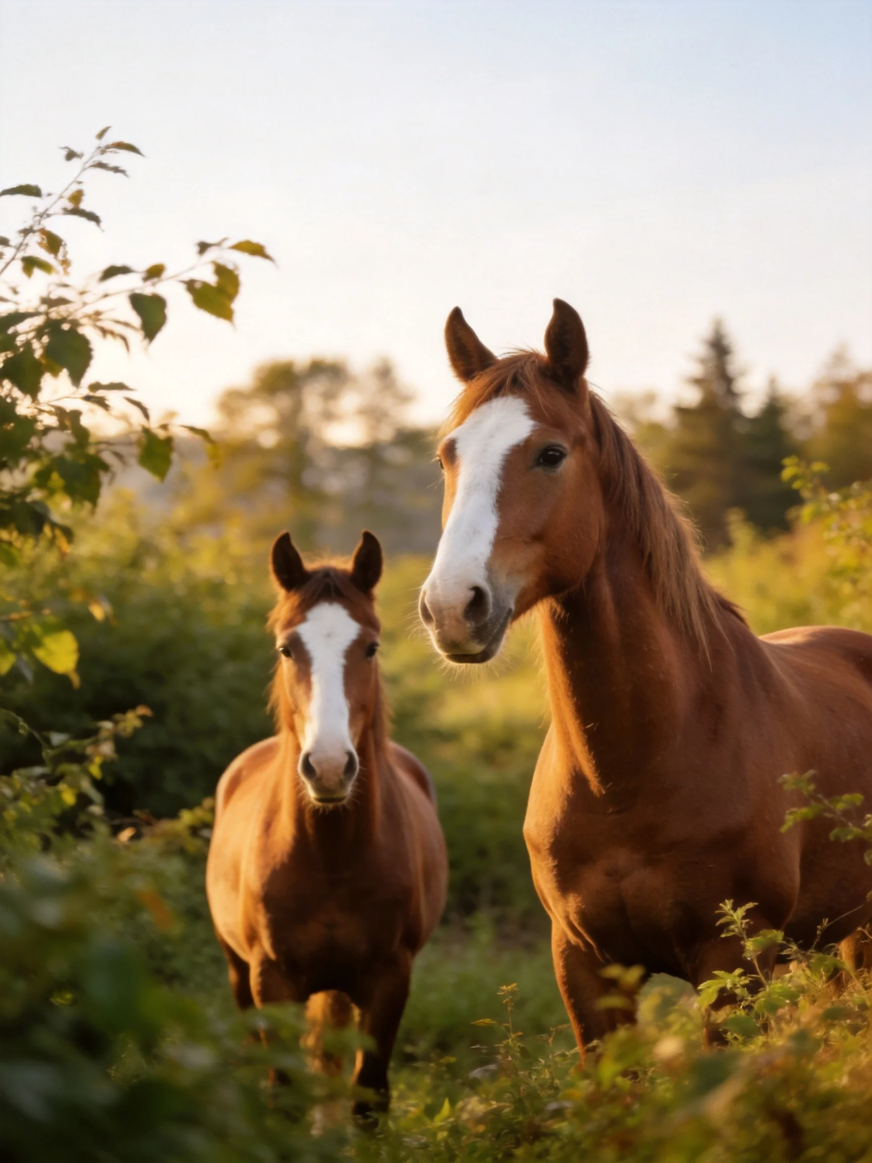 Two chestnut horses with white facial markings stand in a sunlit green field.