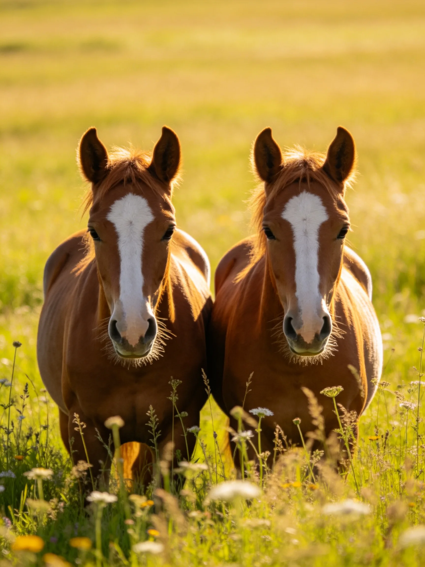 Two chestnut horses with white facial markings stand together in a sunlit meadow.