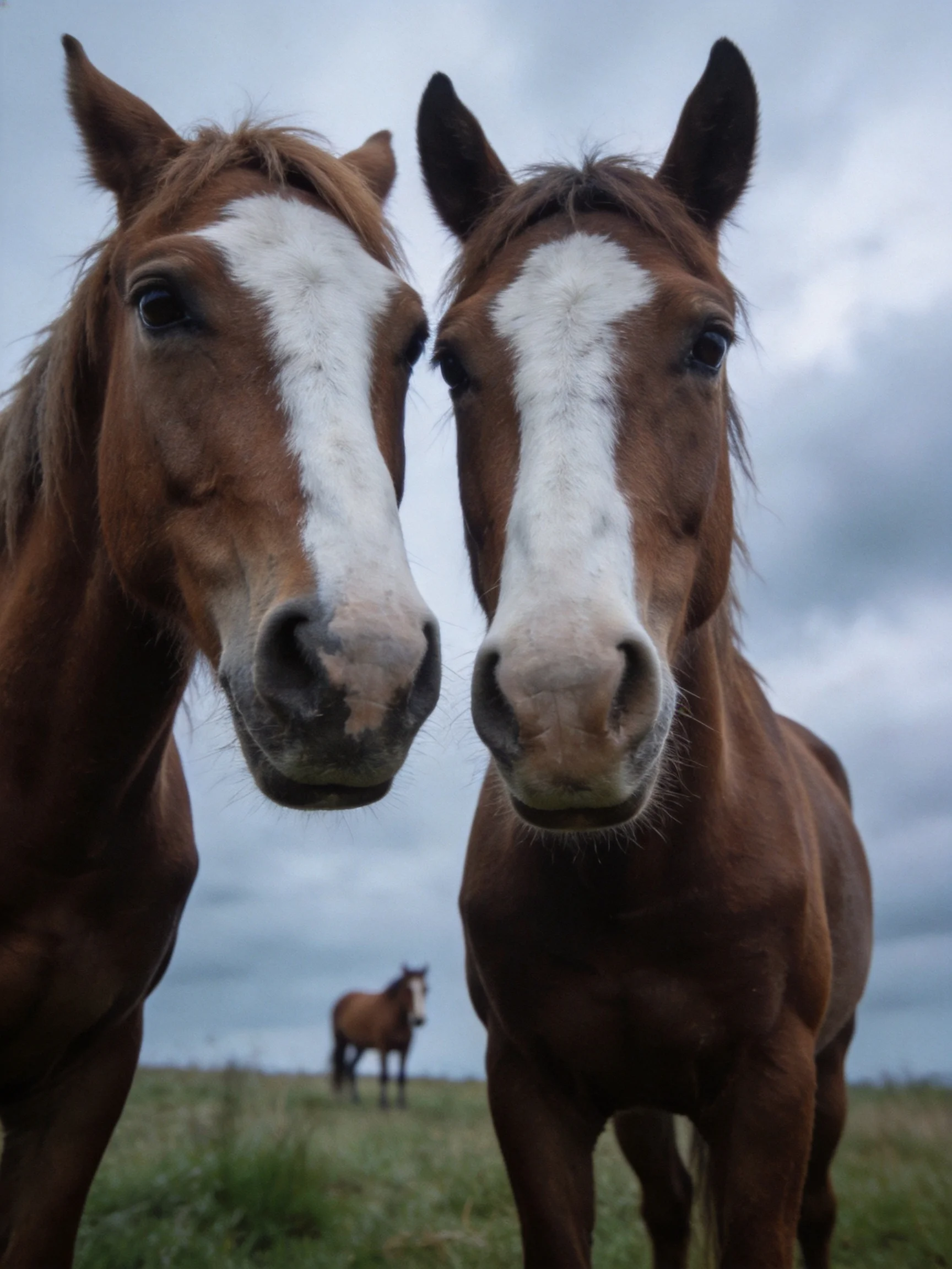 Two chestnut horses with white faces stand close together, a third horse in the distance under cloudy