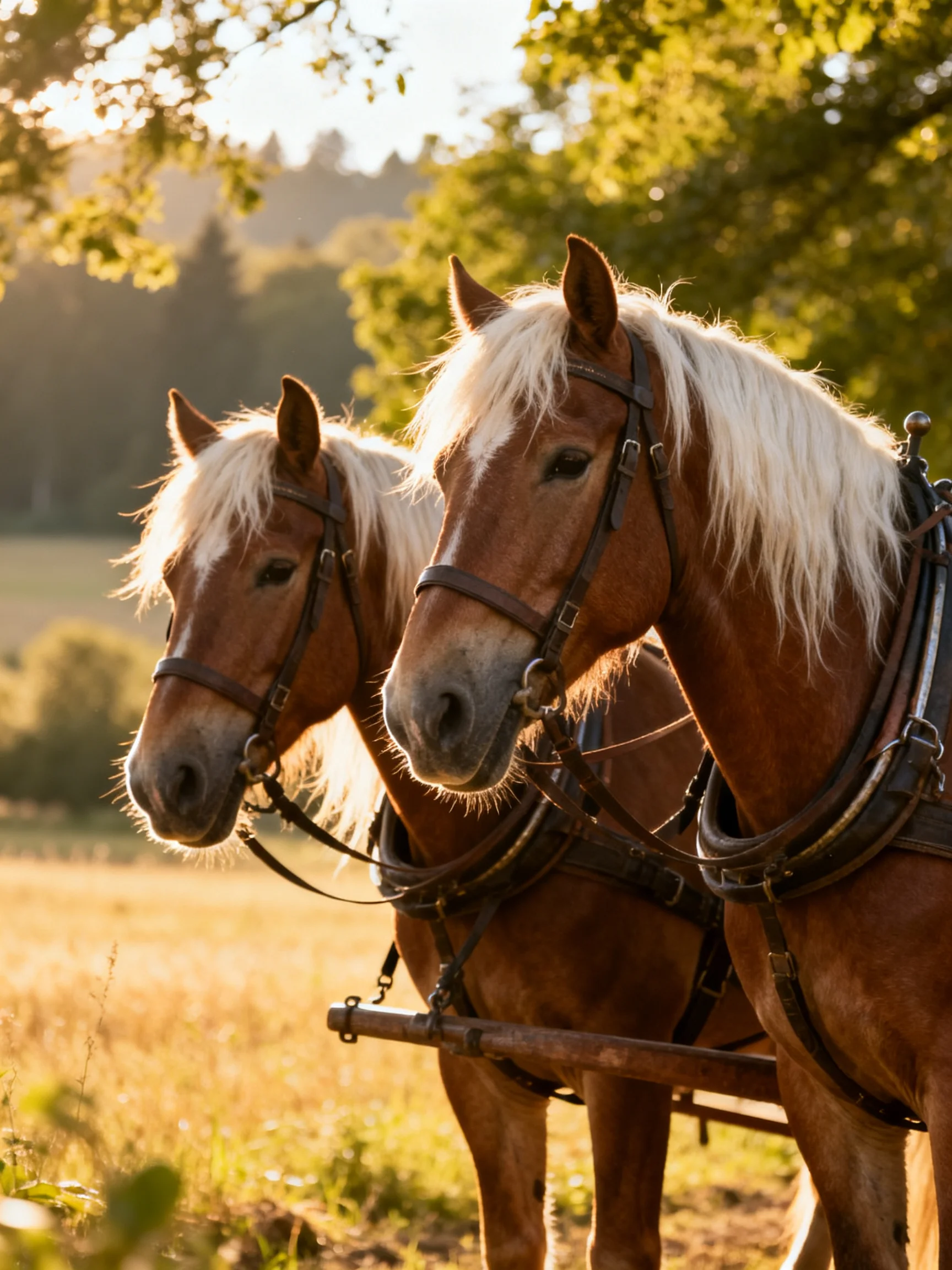 Two chestnut horses with white manes stand harnessed in a sunlit meadow.
