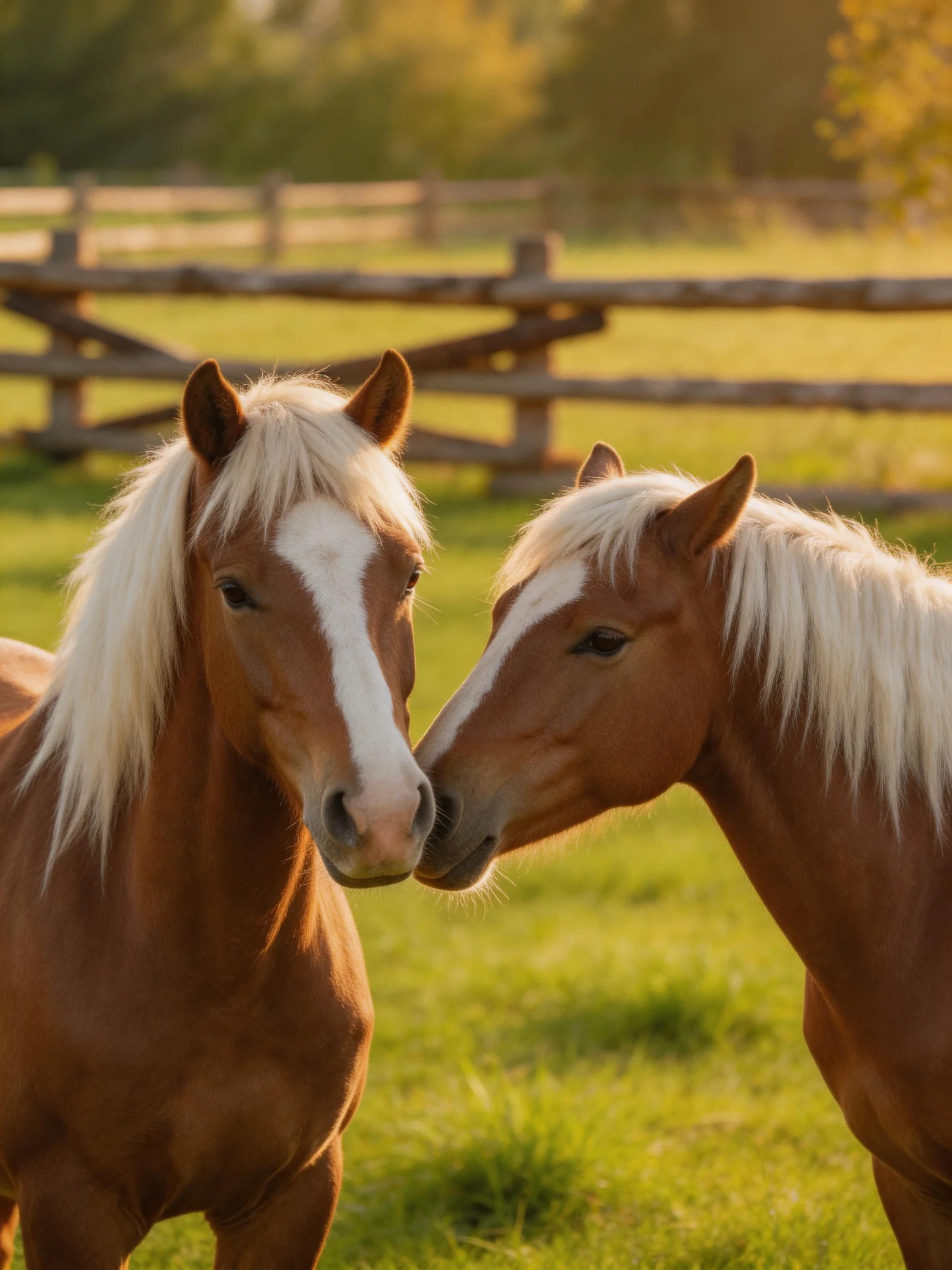 Two chestnut horses with white manes nuzzle in a sunlit pasture near a wooden fence