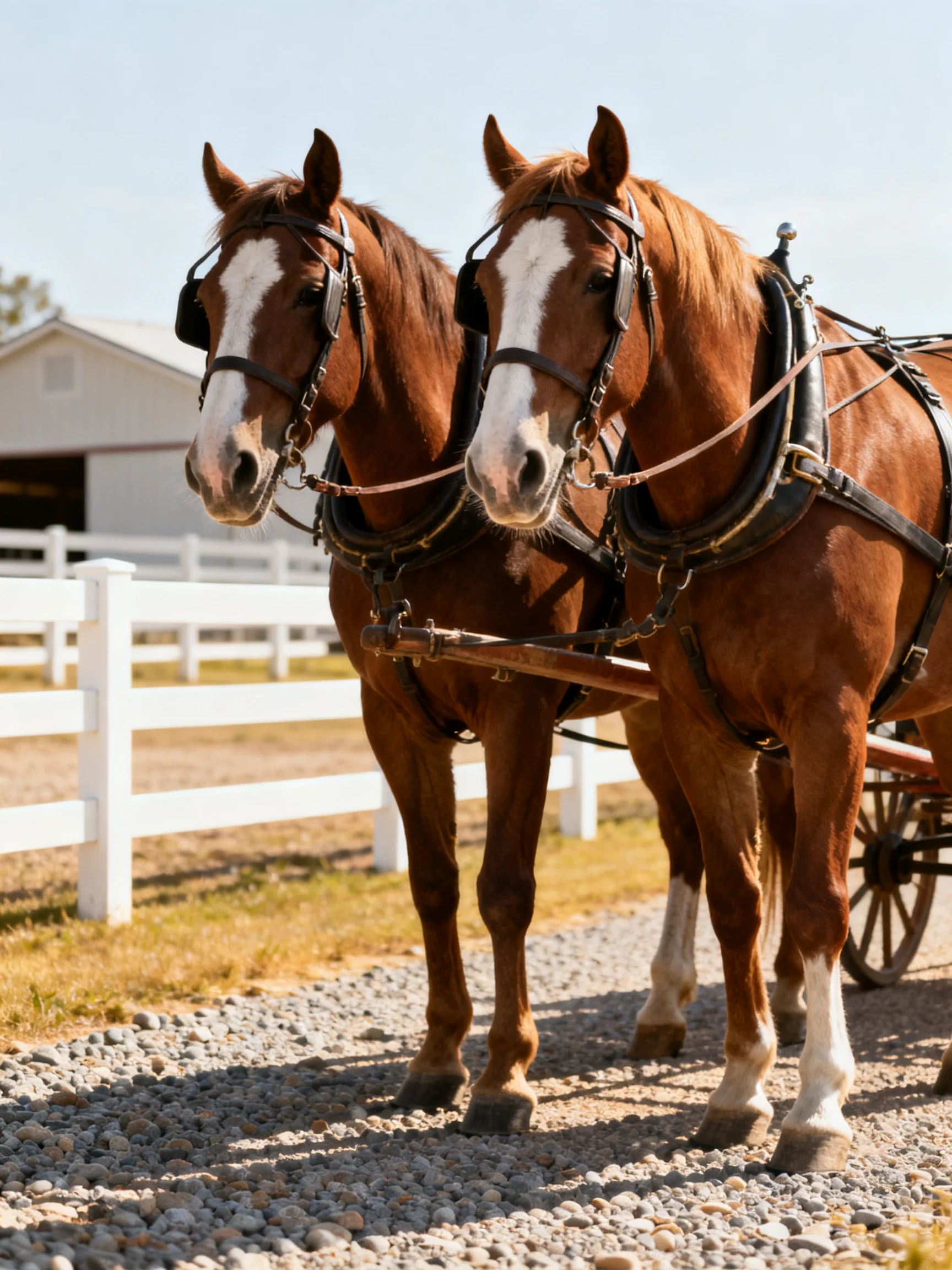 Two chestnut horses stand harnessed near a carriage on a gravel path.
