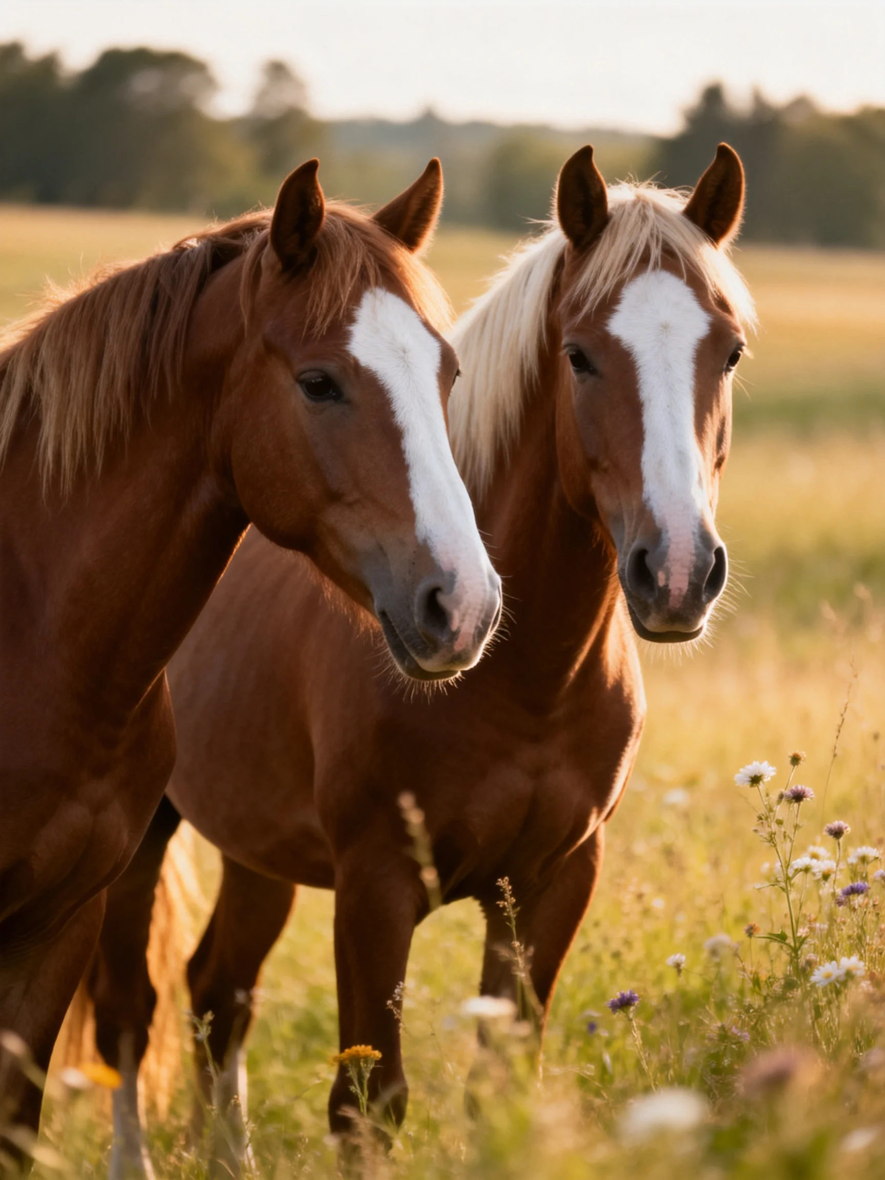 Two chestnut horses with white markings in a sunlit meadow