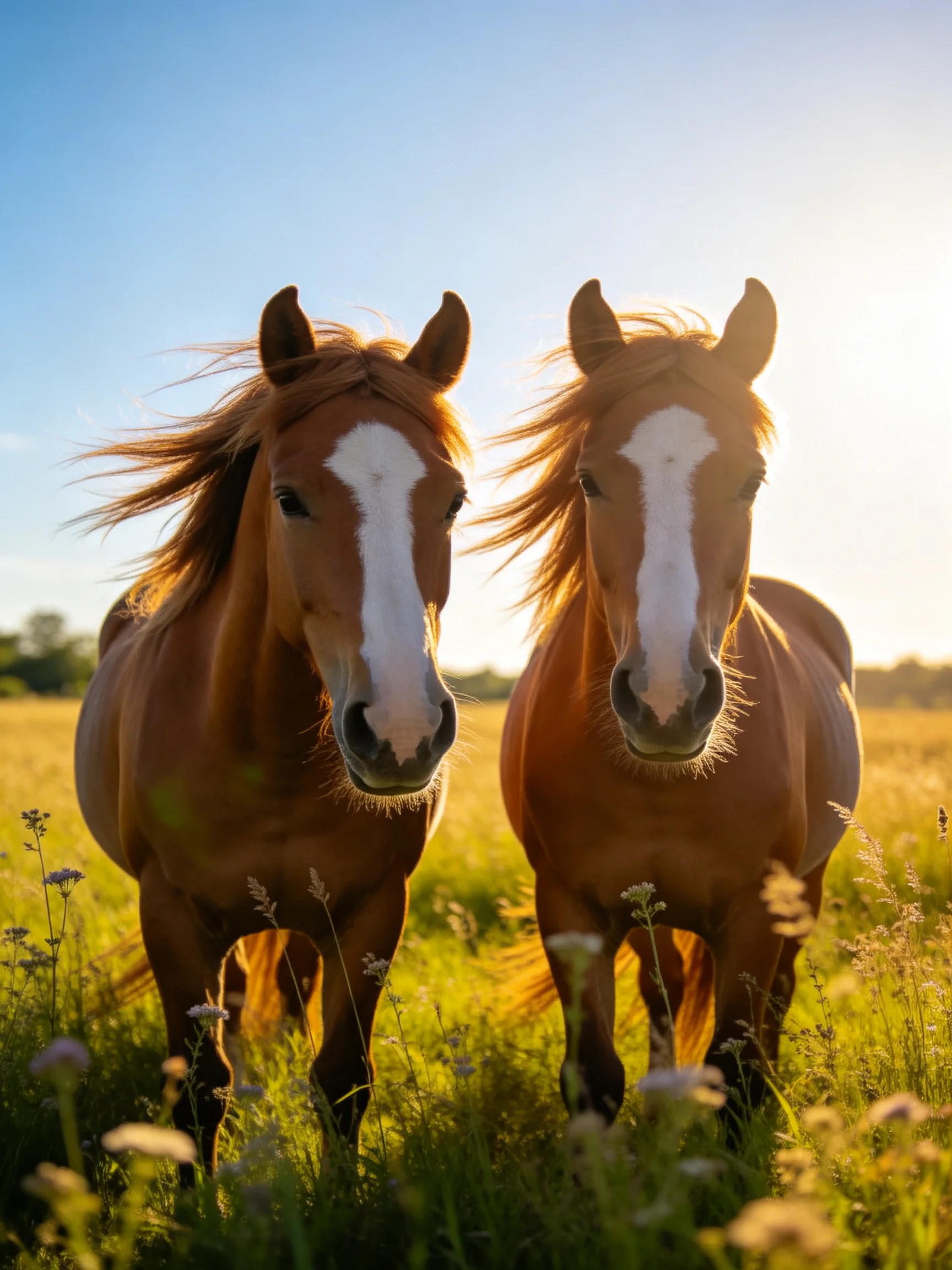Two chestnut horses stand together in a sunlit meadow.