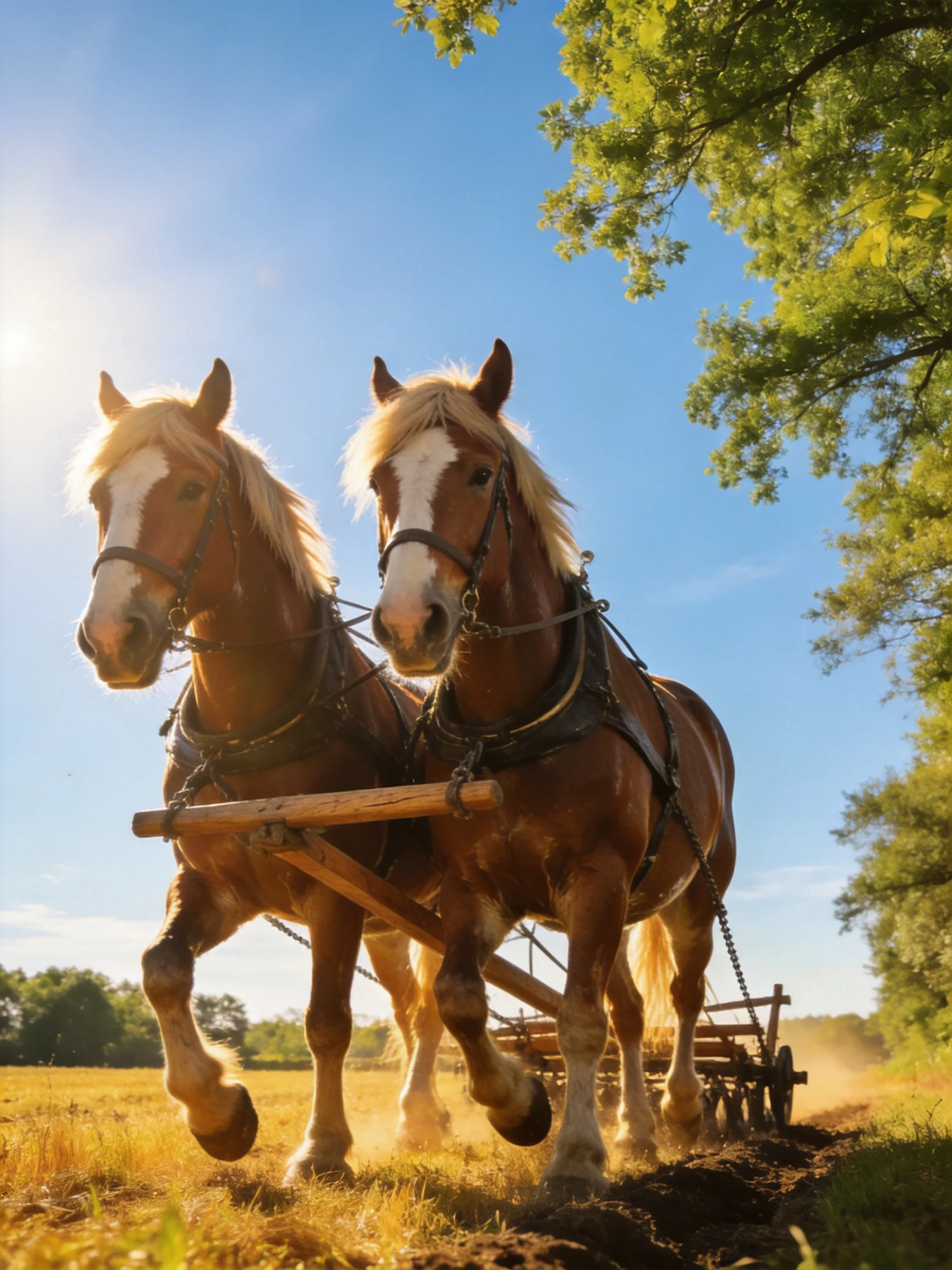 Two chestnut horses with white markings pull a wooden plow through sunlit fields