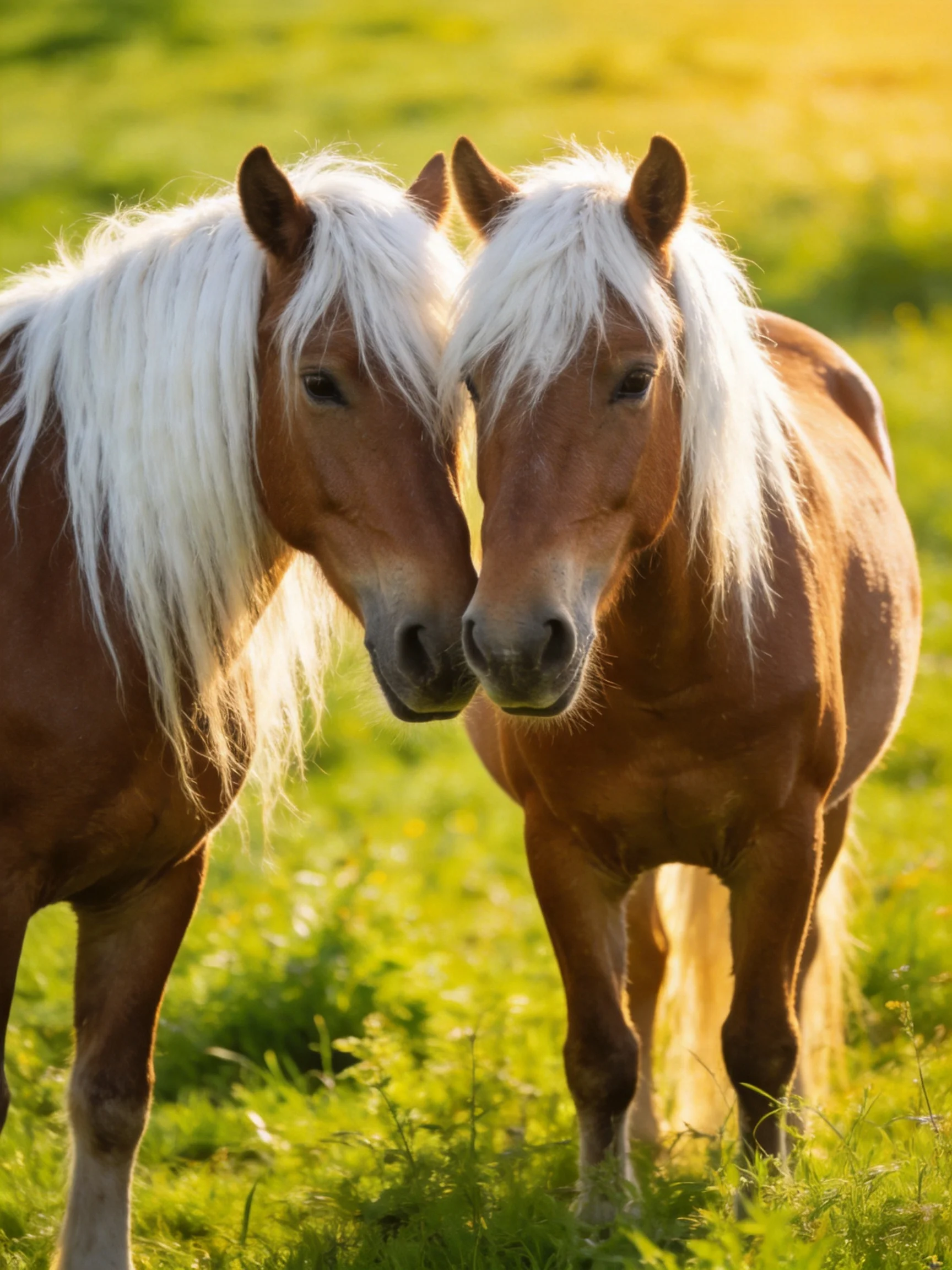 Two chestnut ponies nuzzle each other in a sunlit green meadow.