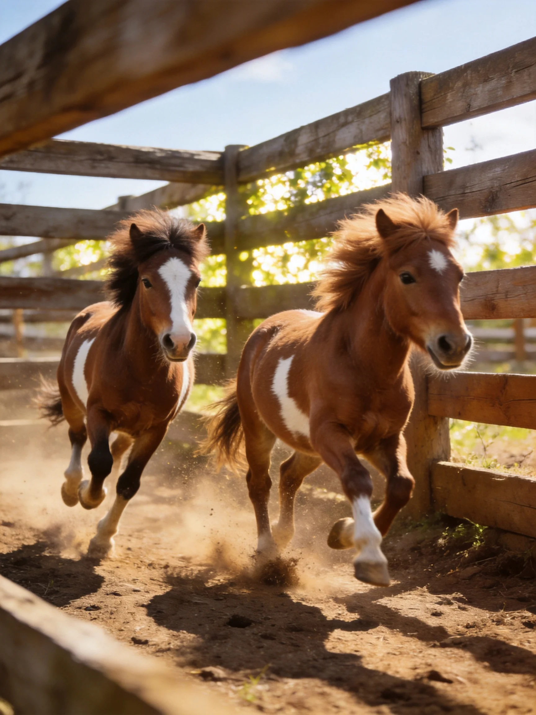 Two brown ponies with white patches sprint alongside an aged wooden fence.