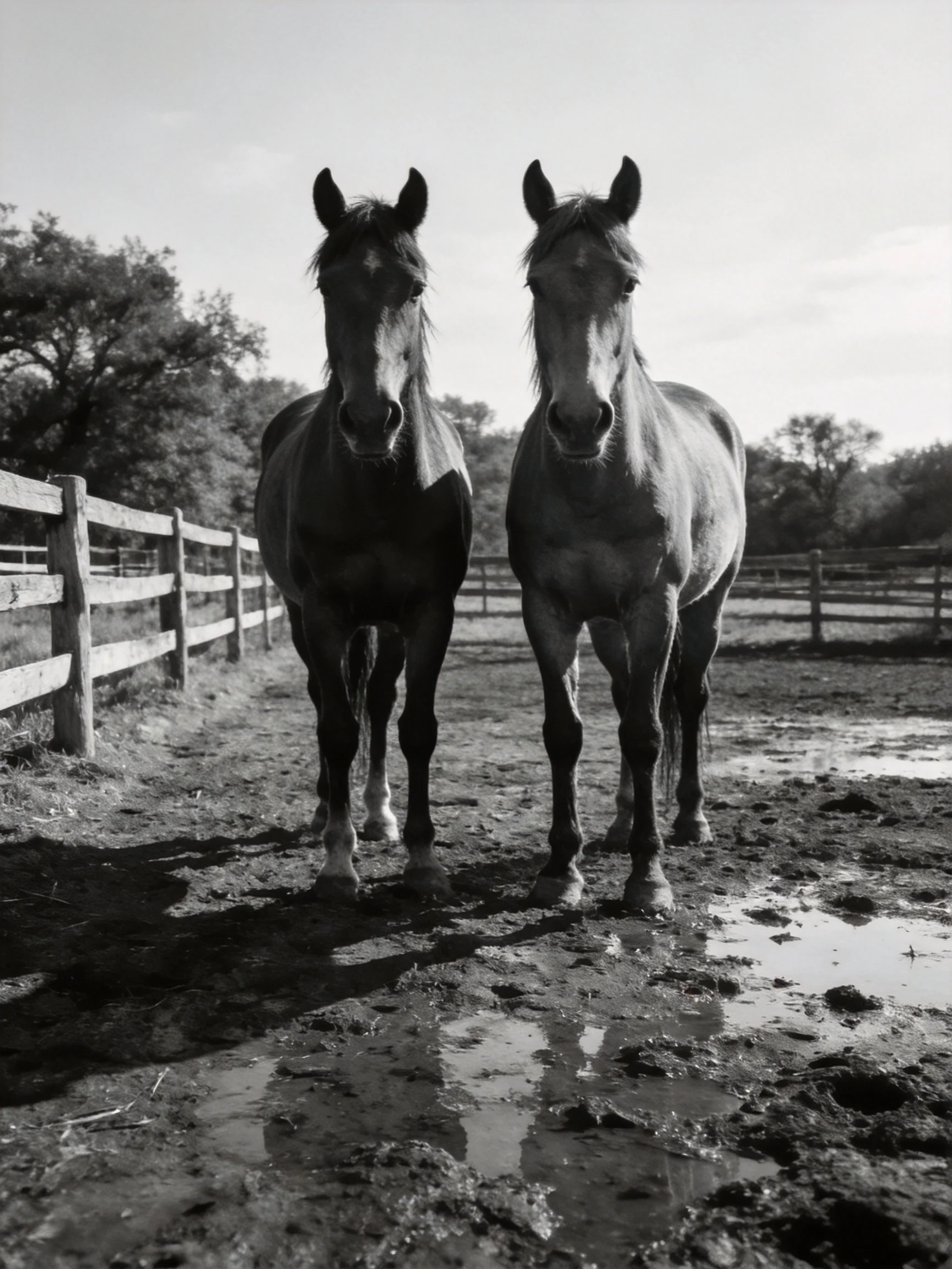 Two dark - coated horses stand in a muddy paddock beside a wooden fence