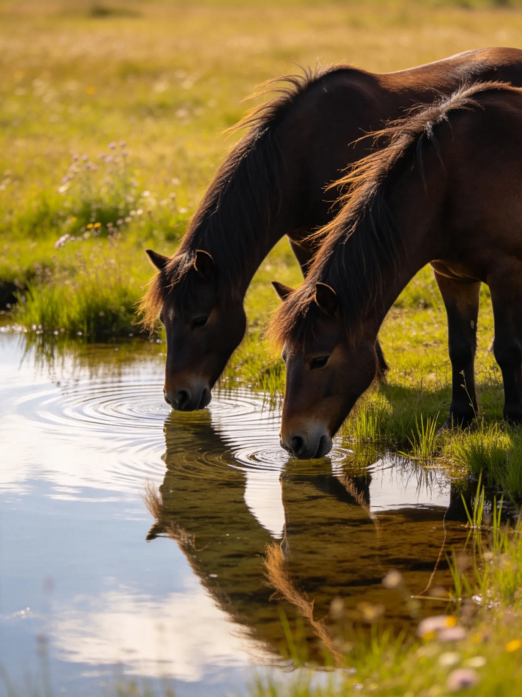 Two dark brown horses drink from a calm pond in a sunlit meadow