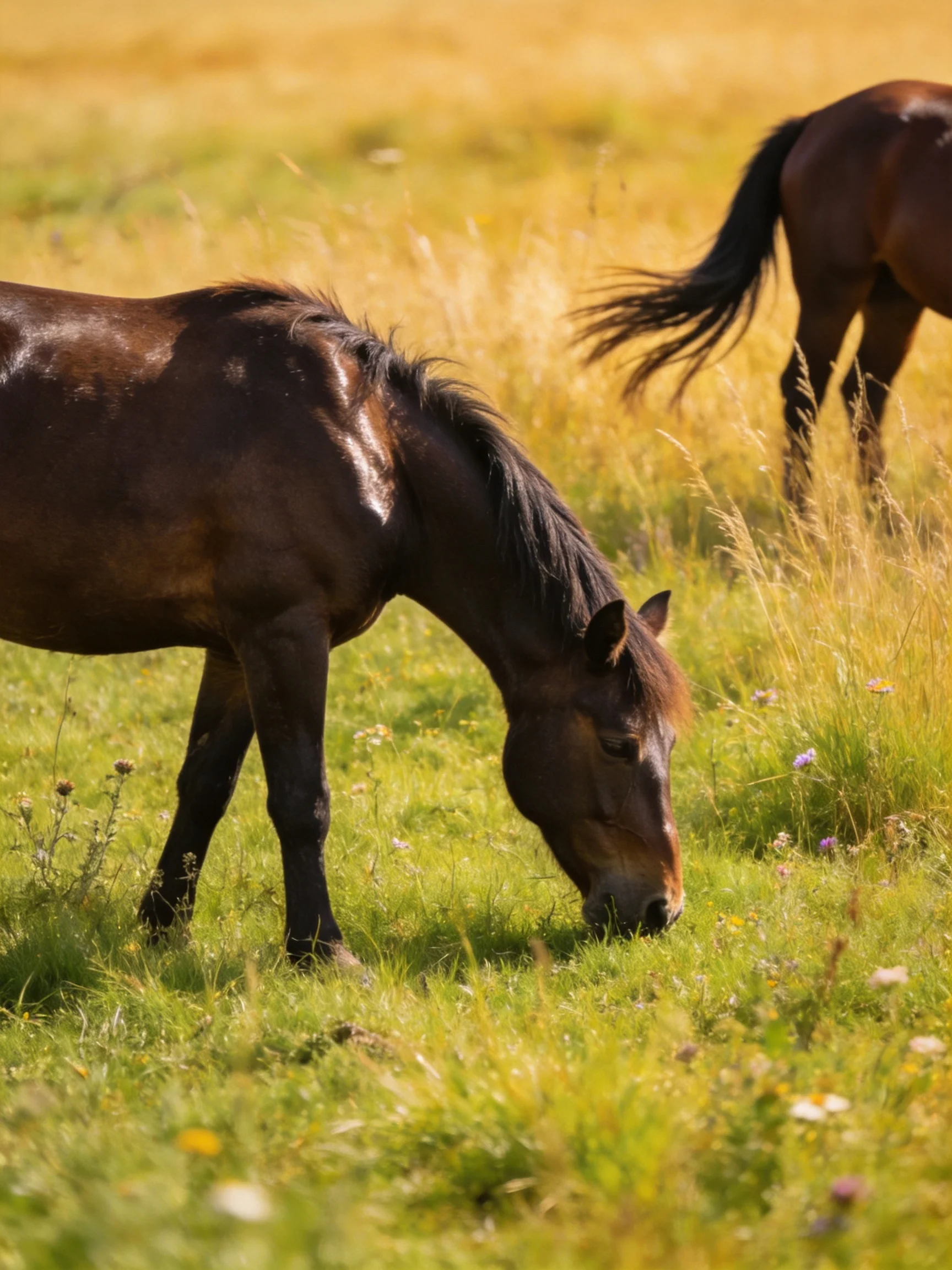 Two dark brown horses graze in a sun-drenched grassy field.
