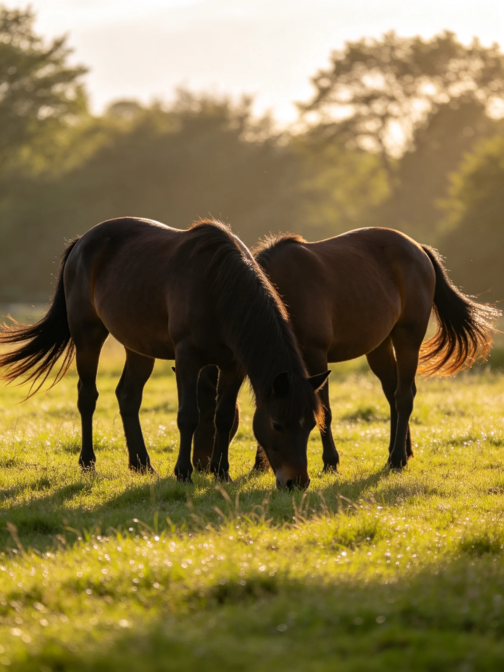 Two dark brown horses graze in a sunlit green pasture