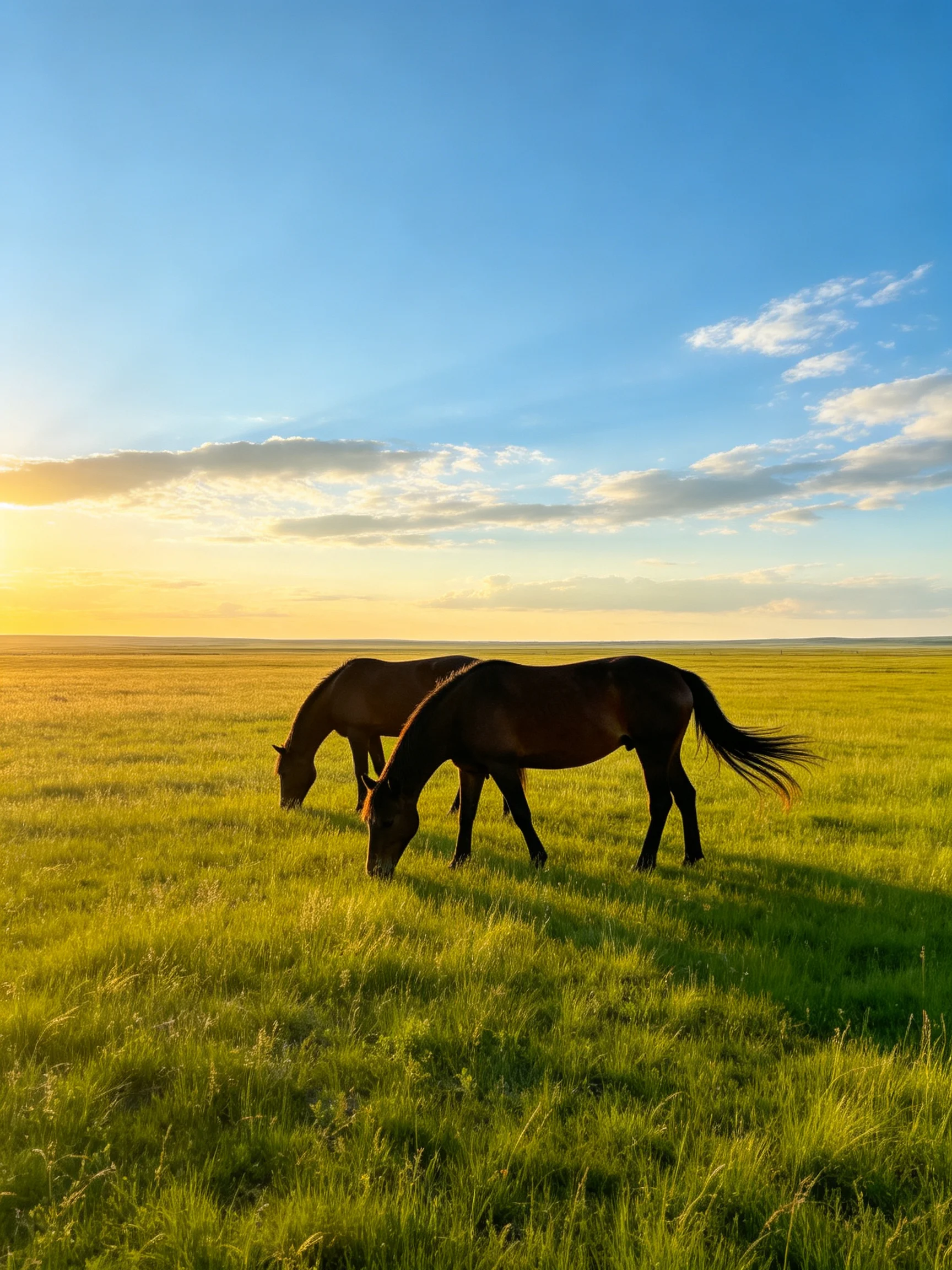 Two dark brown horses graze in a vast green meadow under golden sunlight