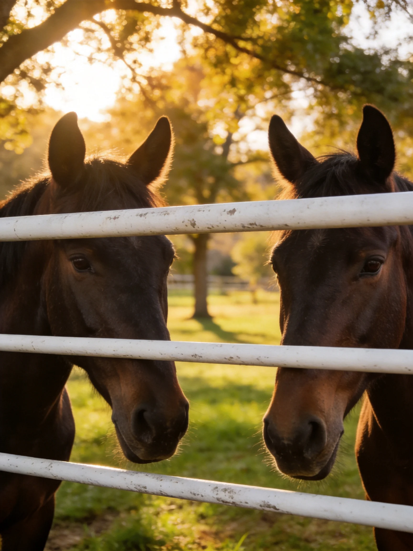 Two dark brown horses near a white fence in golden sunlight