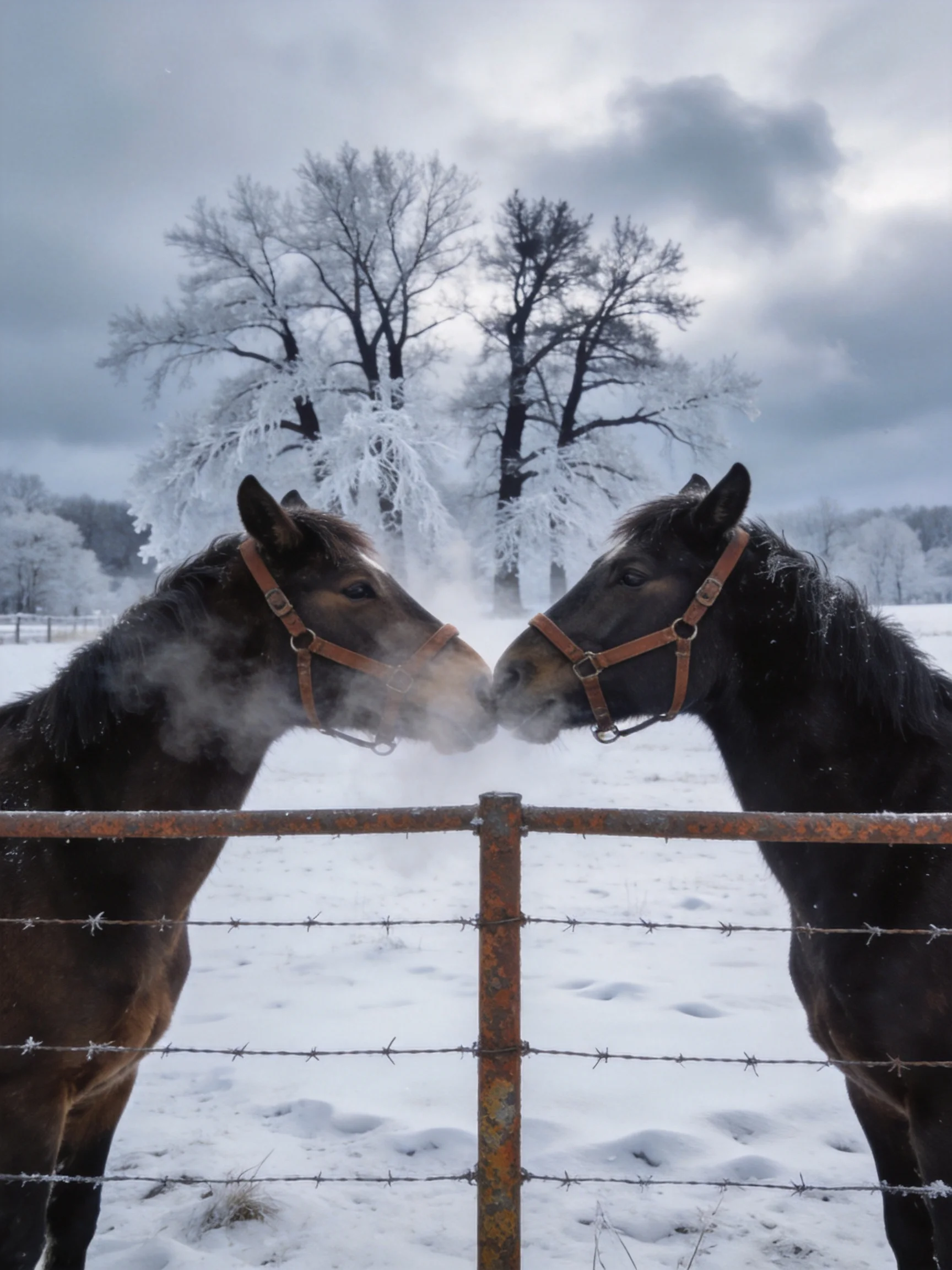 Two dark brown horses nuzzle by a rusty barbed-wire fence in a frosty winter landscape