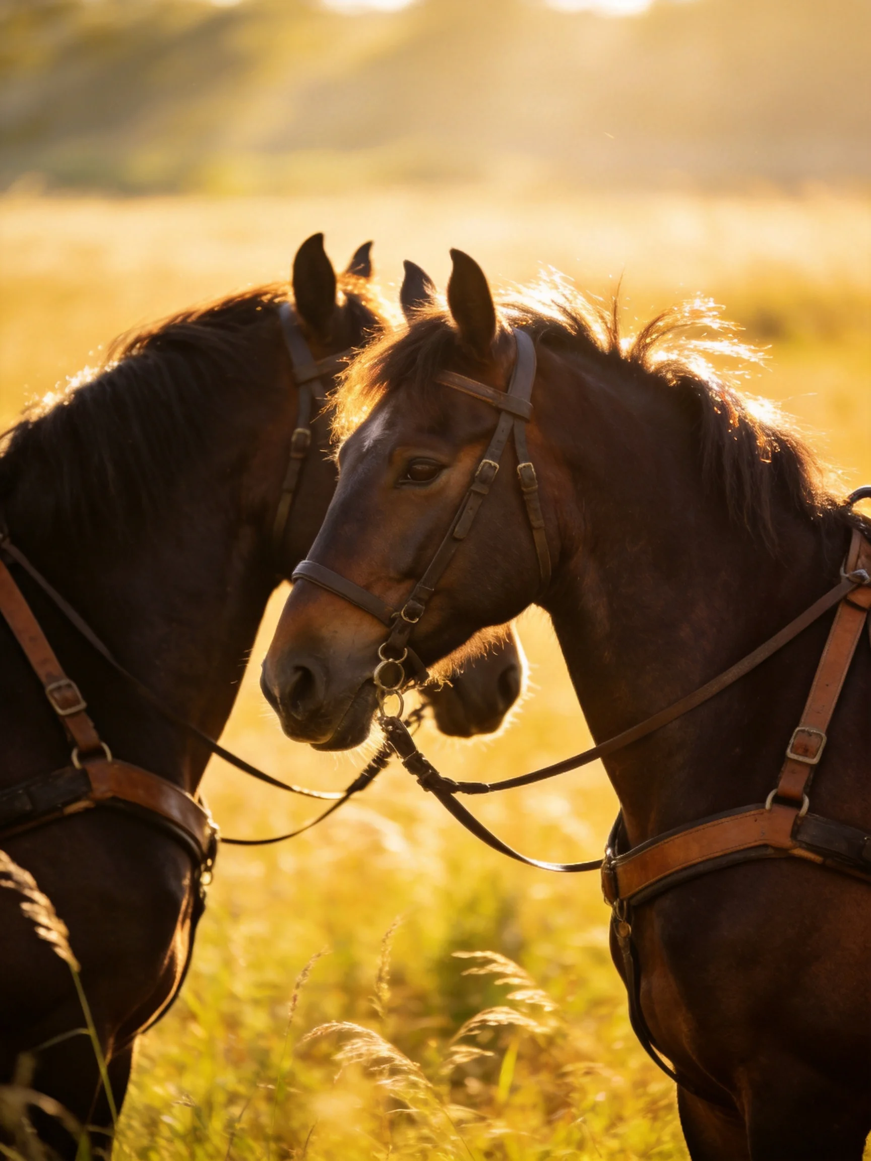 Two dark brown horses nuzzling in a golden meadow