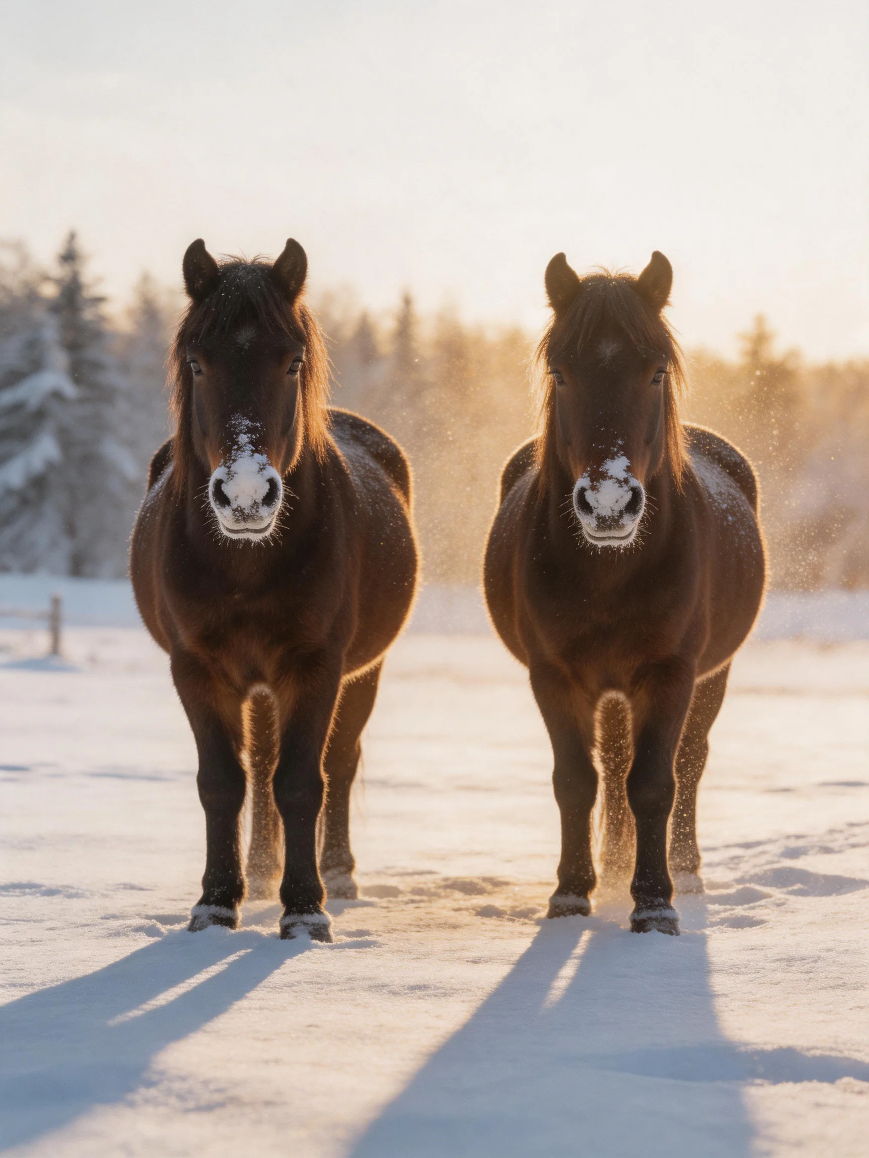 Two dark brown horses stand together in a snowy landscape.