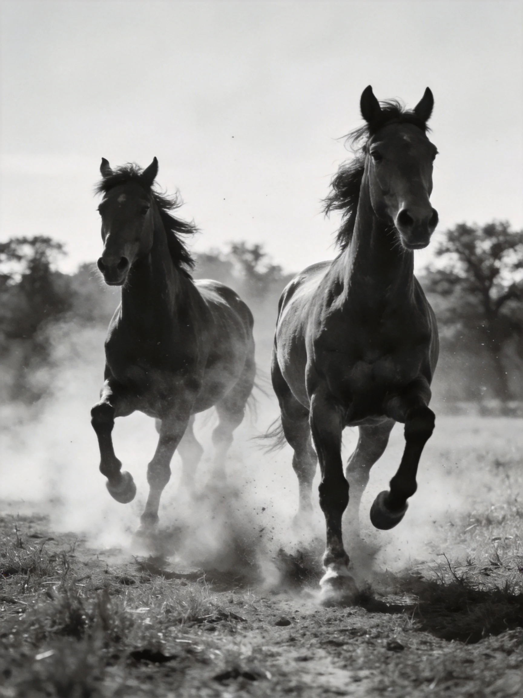 Two dark horses gallop through dusty terrain near trees