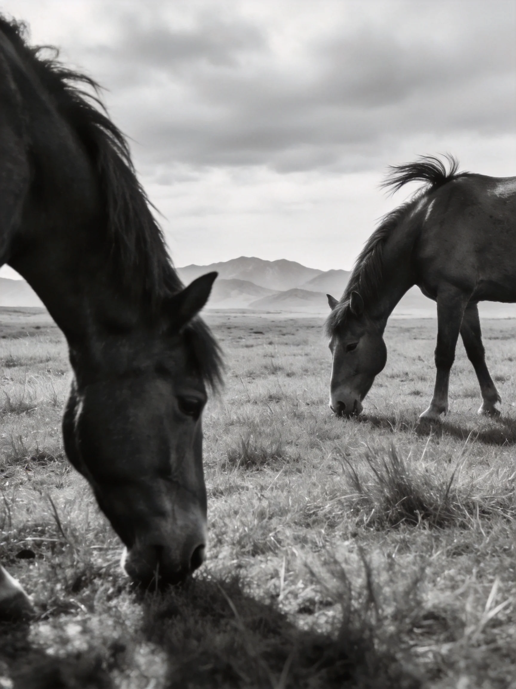 Horses graze in an open field with distant mountains.