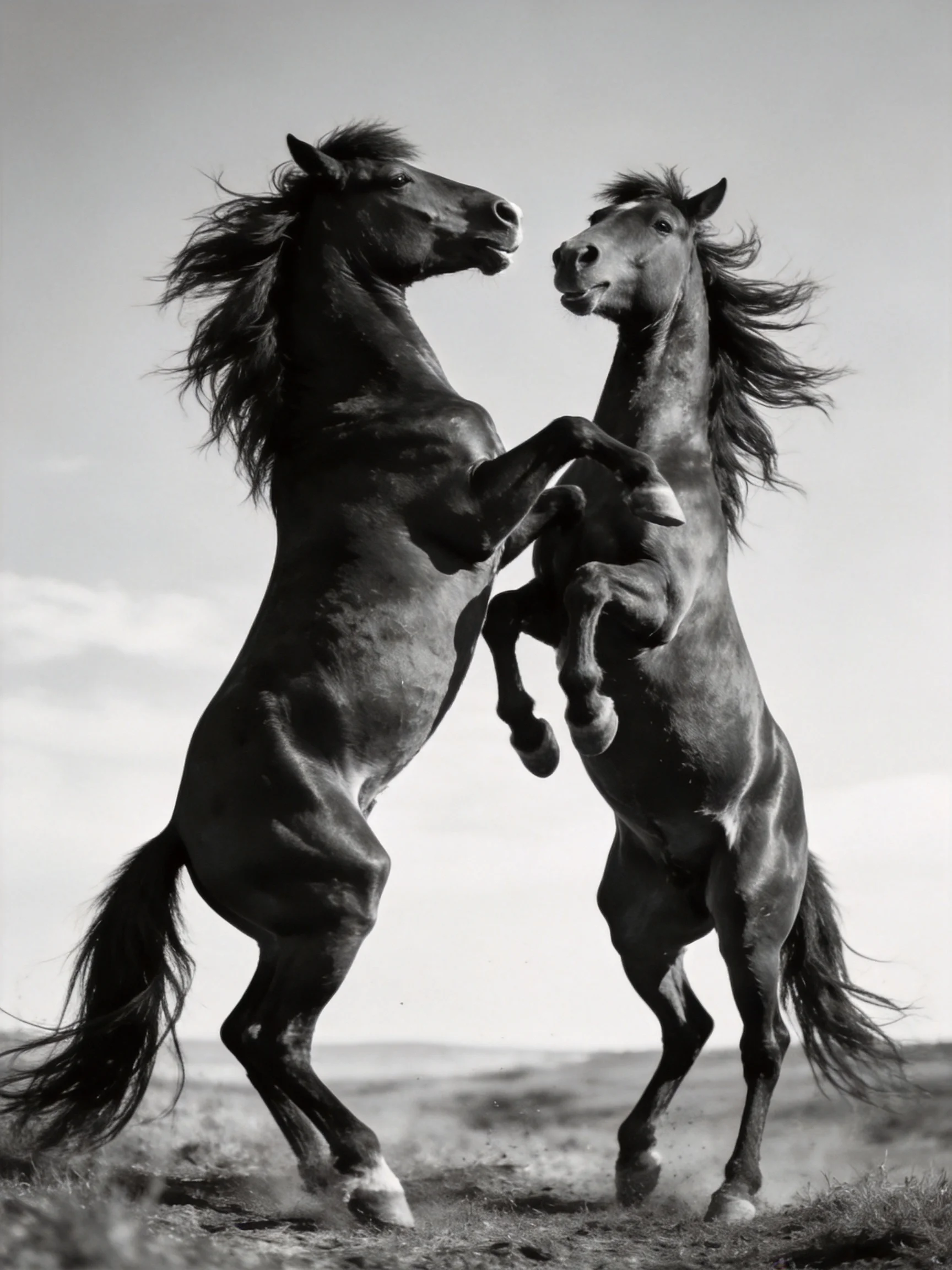 Two dark horses rearing in a stark black-and-white landscape