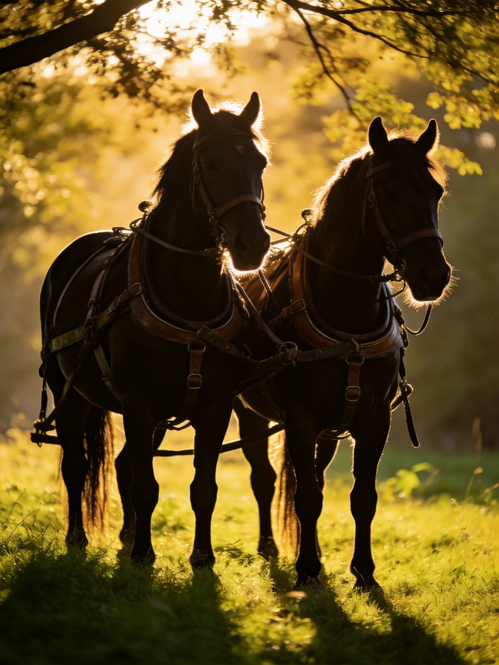 Two dark horses with harnesses in golden sunlight
