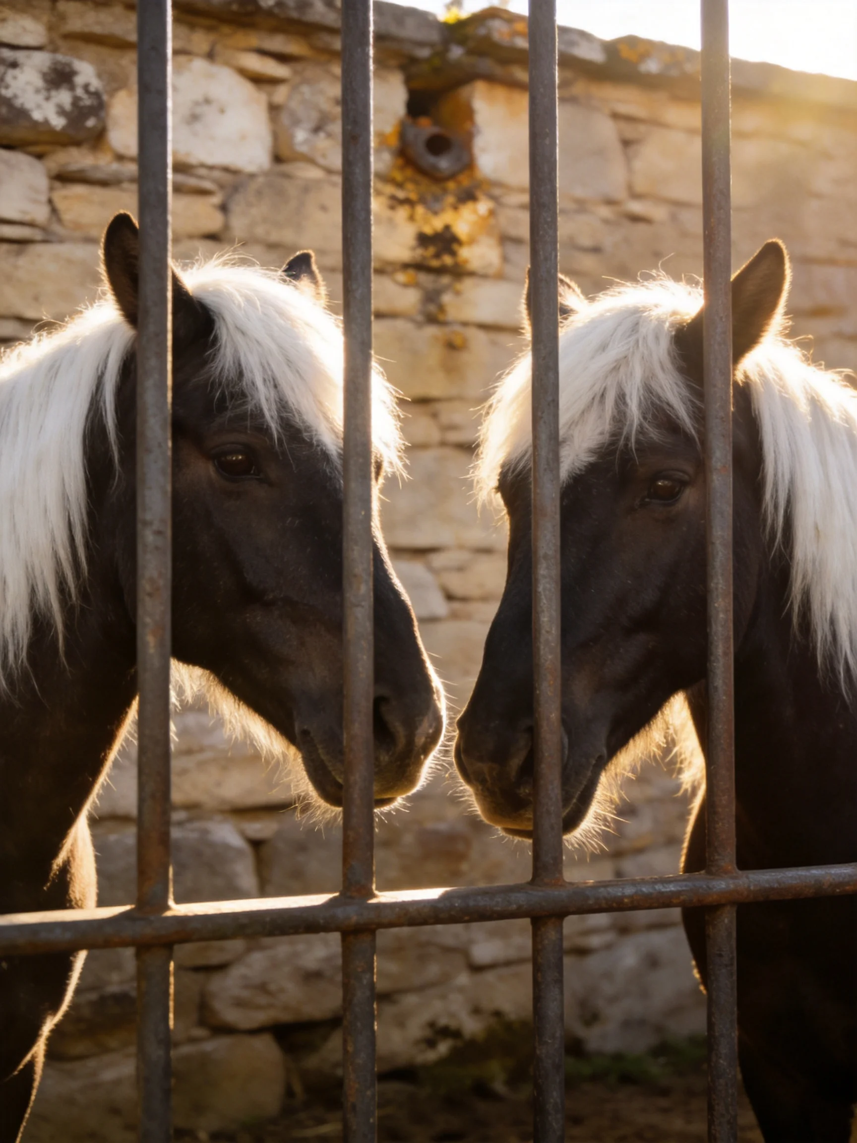 Two dark ponies with white manes near a stone wall behind metal bars