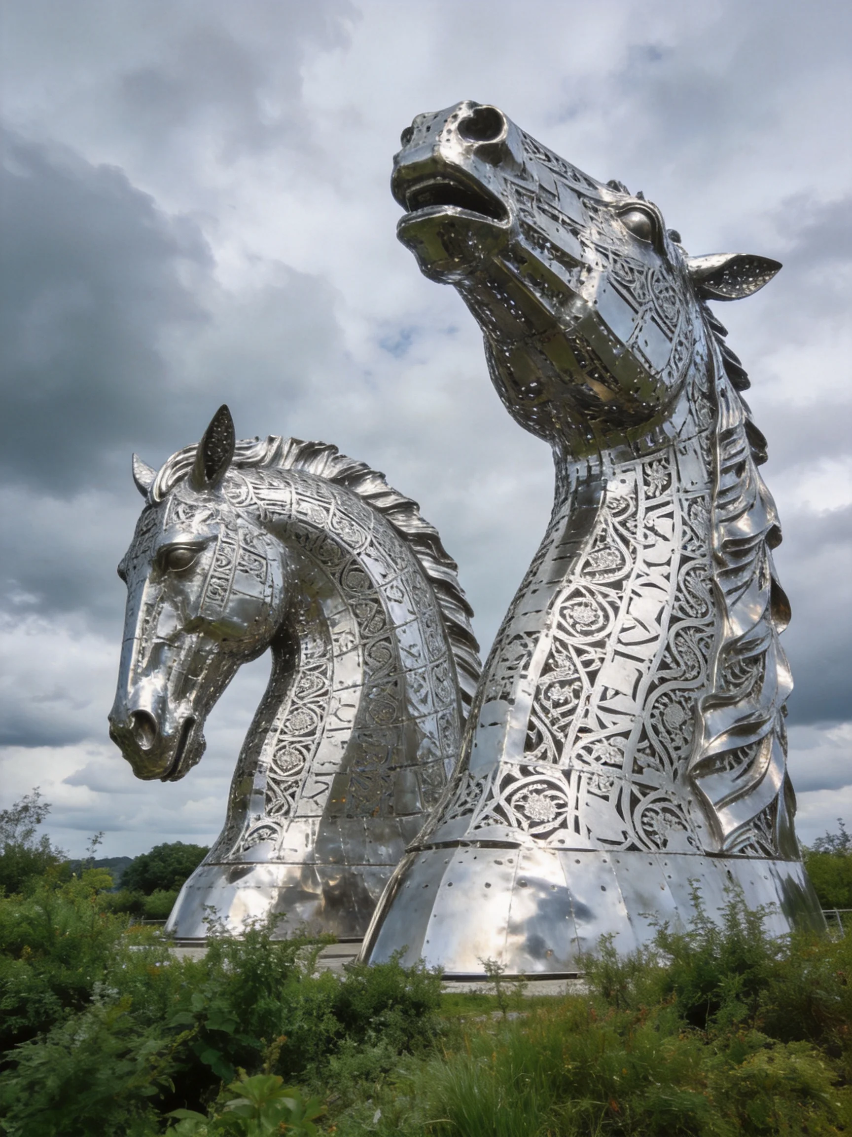 Two giant silver horse head sculptures sit among greenery under a cloudy sky